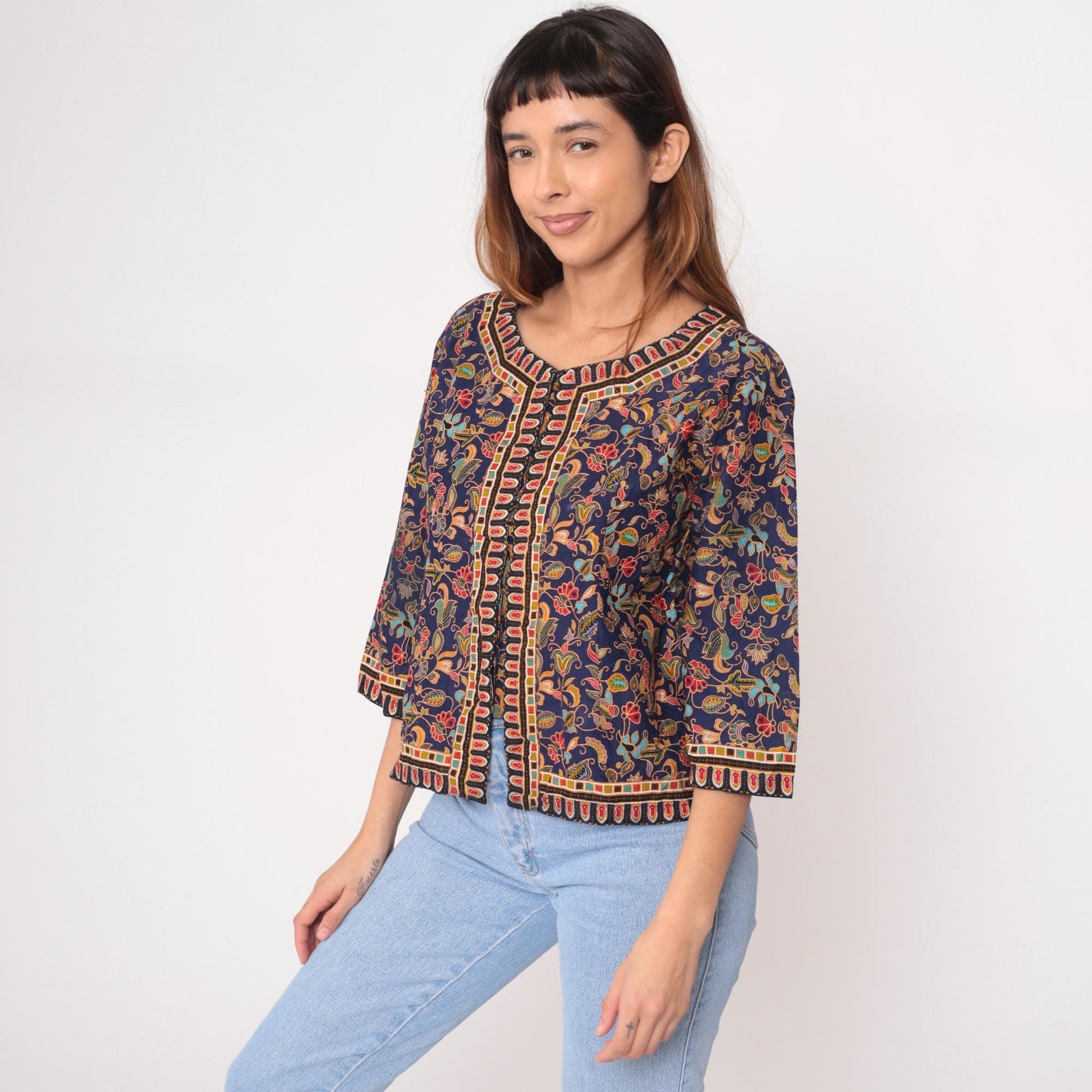 90s Navy Floral Paisley Cotton Blouse Geometric Trim Three Quarter Sleeve Small S