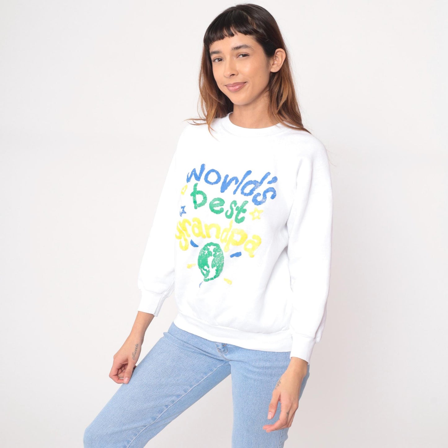 90s Hanes World's Best Grandpa Sweatshirt White Graphic Globe Large L