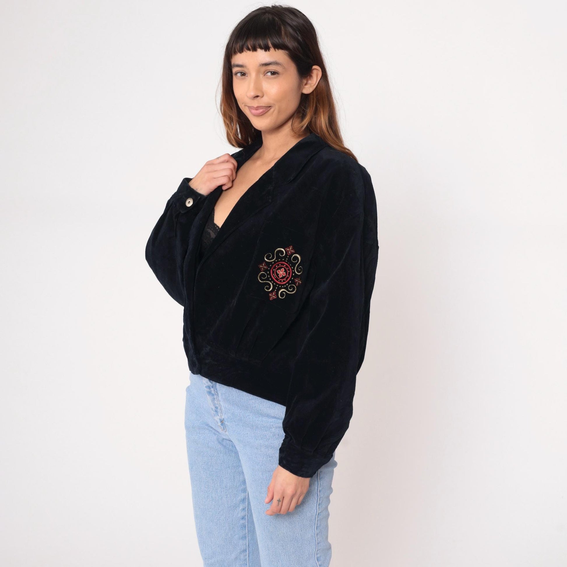90s Evan Picone Black Velvet Cardigan Embroidered Gold Red Pink Medium M