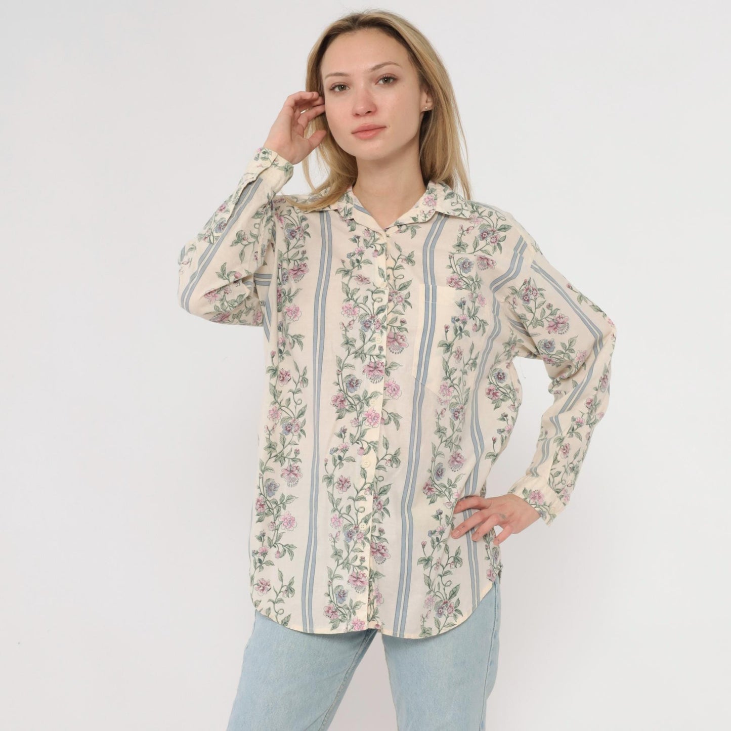 90s Pure Love Take Away Floral Button Up Shirt Cream Small S