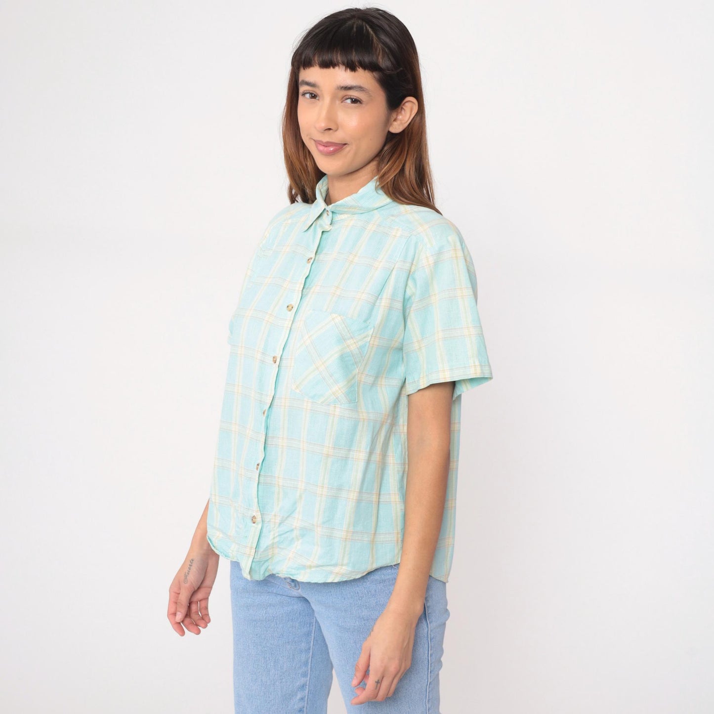 90s Pastel Plaid Cotton Button-Up Shirt Pale Blue Soft Yellow Medium M