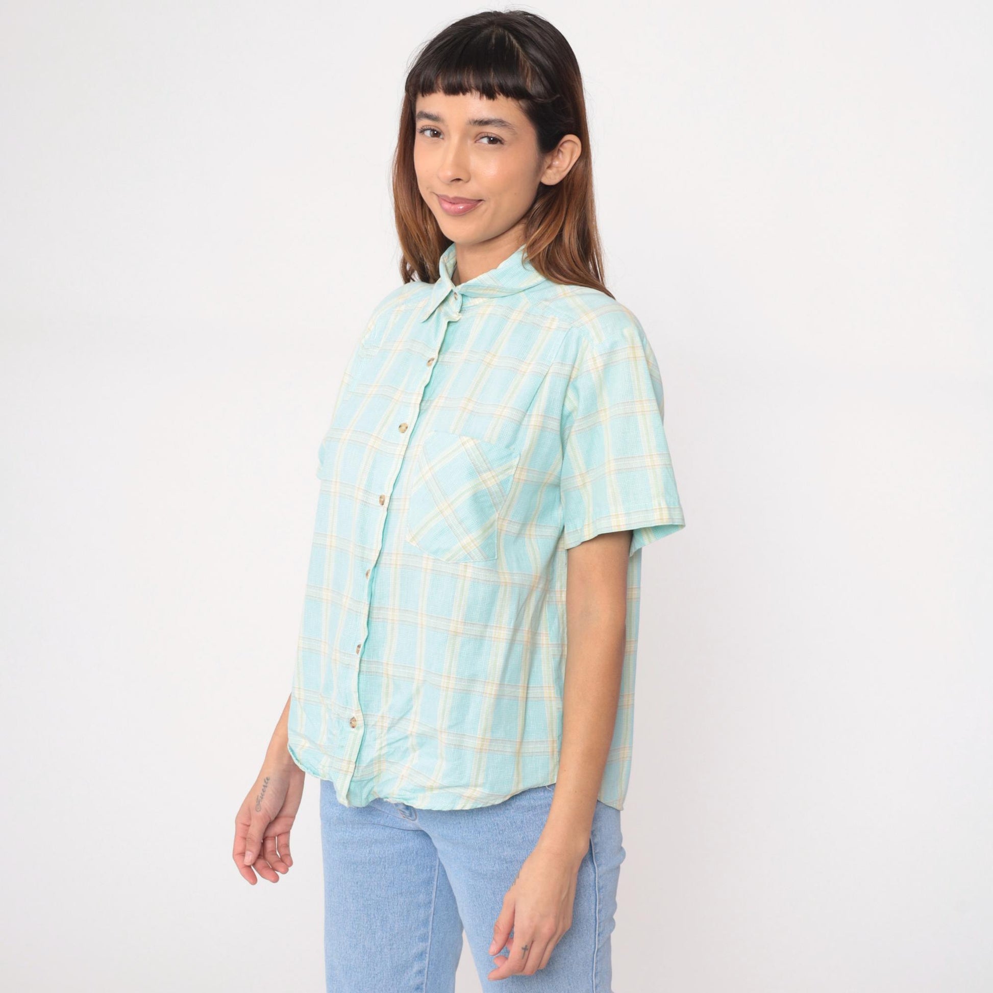 90s Pastel Plaid Cotton Button-Up Shirt Pale Blue Soft Yellow Medium M