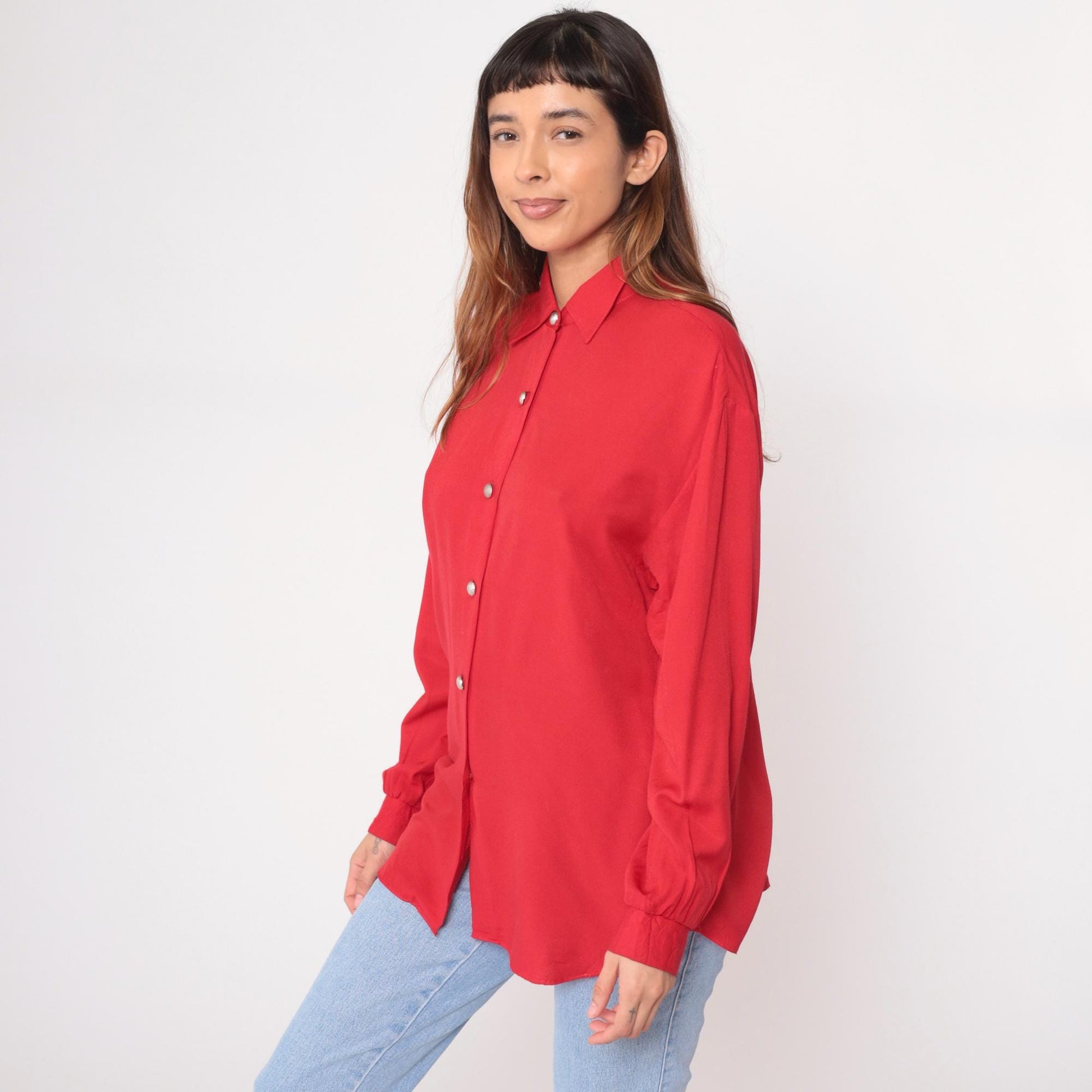 90s Jessica Stevens Coral Red Button-Up Shirt Pearl Snaps Medium M