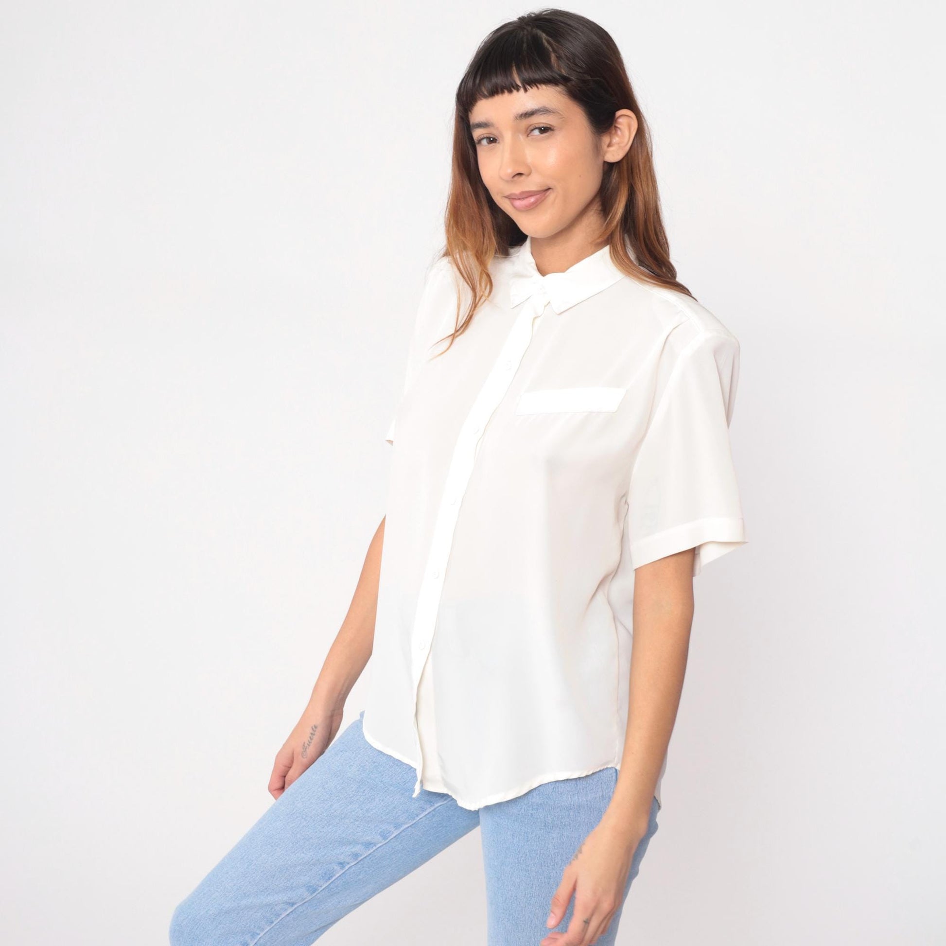 90s Heritage Road White Shirt Short Sleeve Pointed Collar Chest Pocket Medium