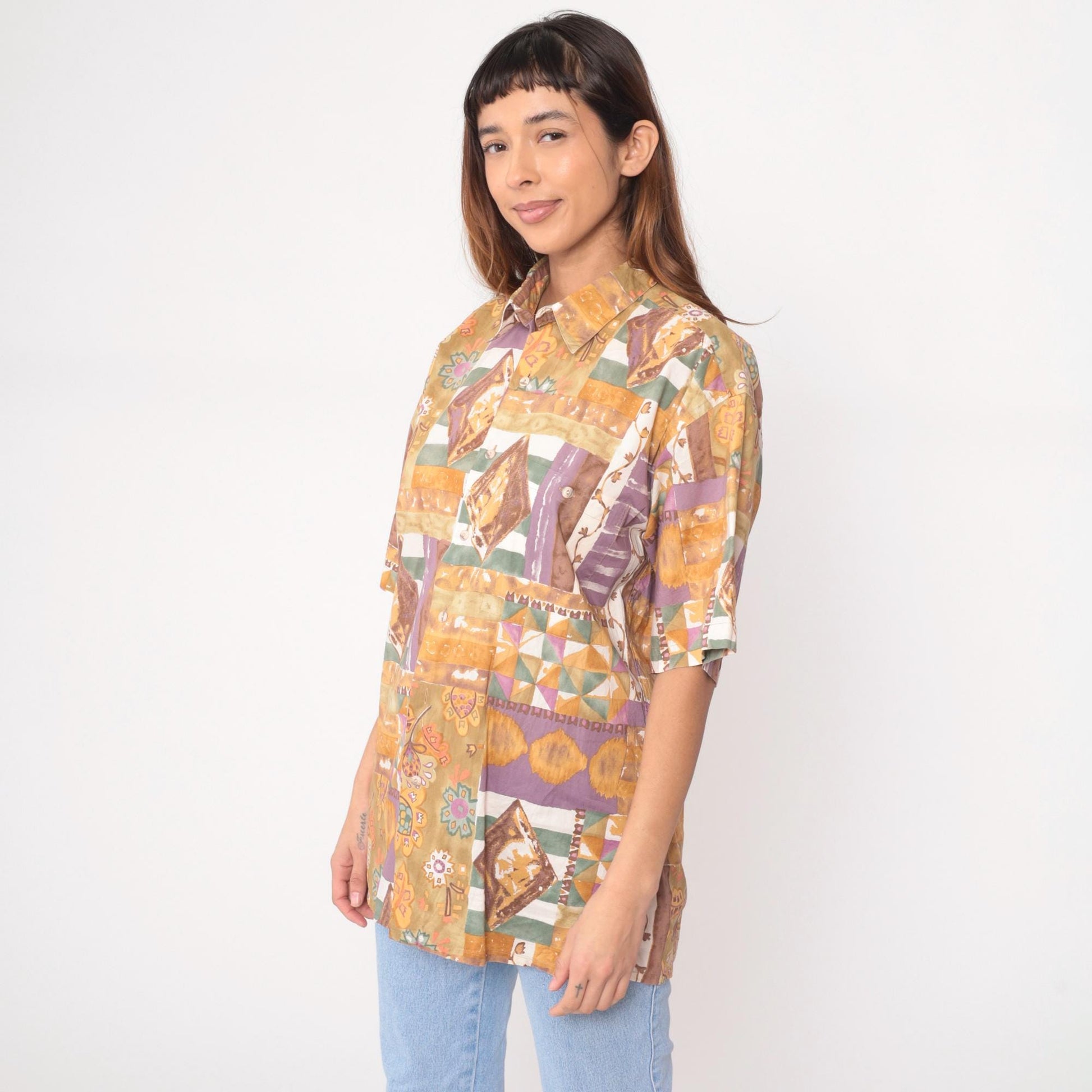 90s Burma Bibas Patchwork Cotton Shirt Geometric Floral Multicolor Medium