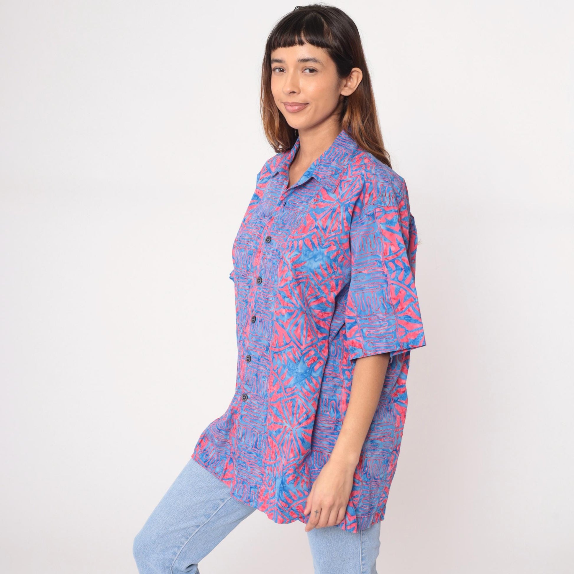 Y2K Johari West Abstract Batik Shirt Cotton Blue Pink Geometric Large L