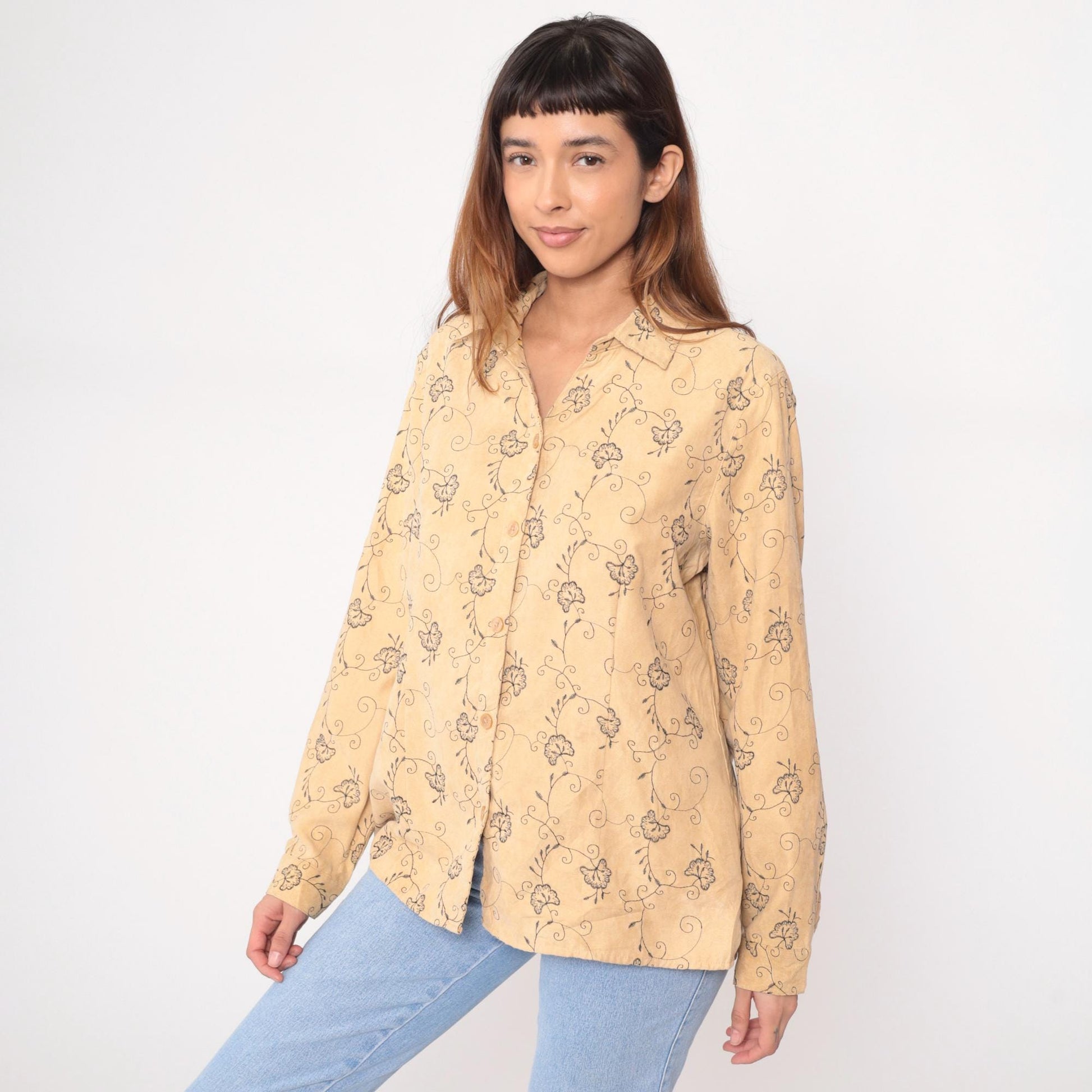 90s Sag Harbor Floral Embroidered Blouse Cream Long Sleeve Collared Large L