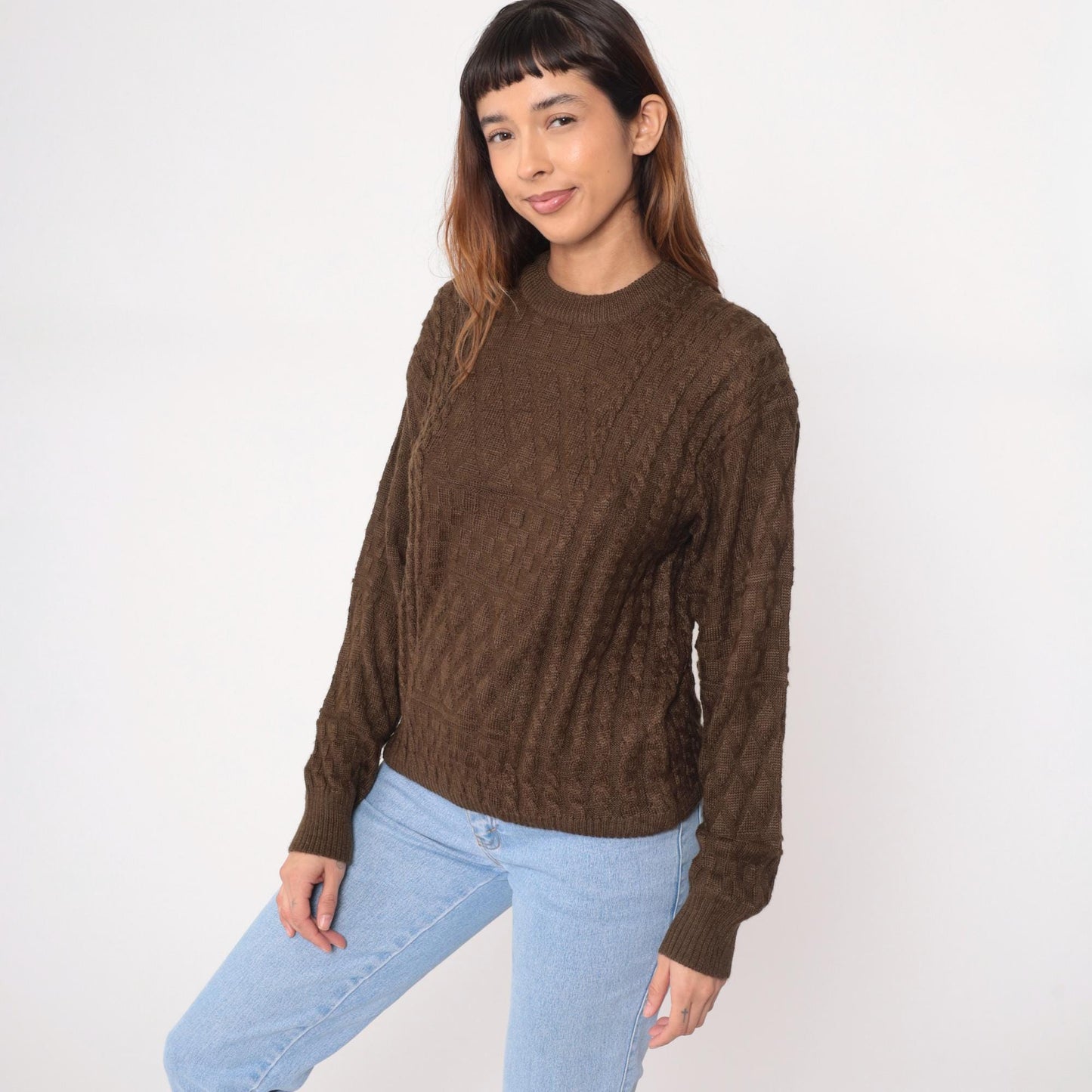 90s Wei Wah Brown Cable Knit Crewneck Pullover Sweater Large L