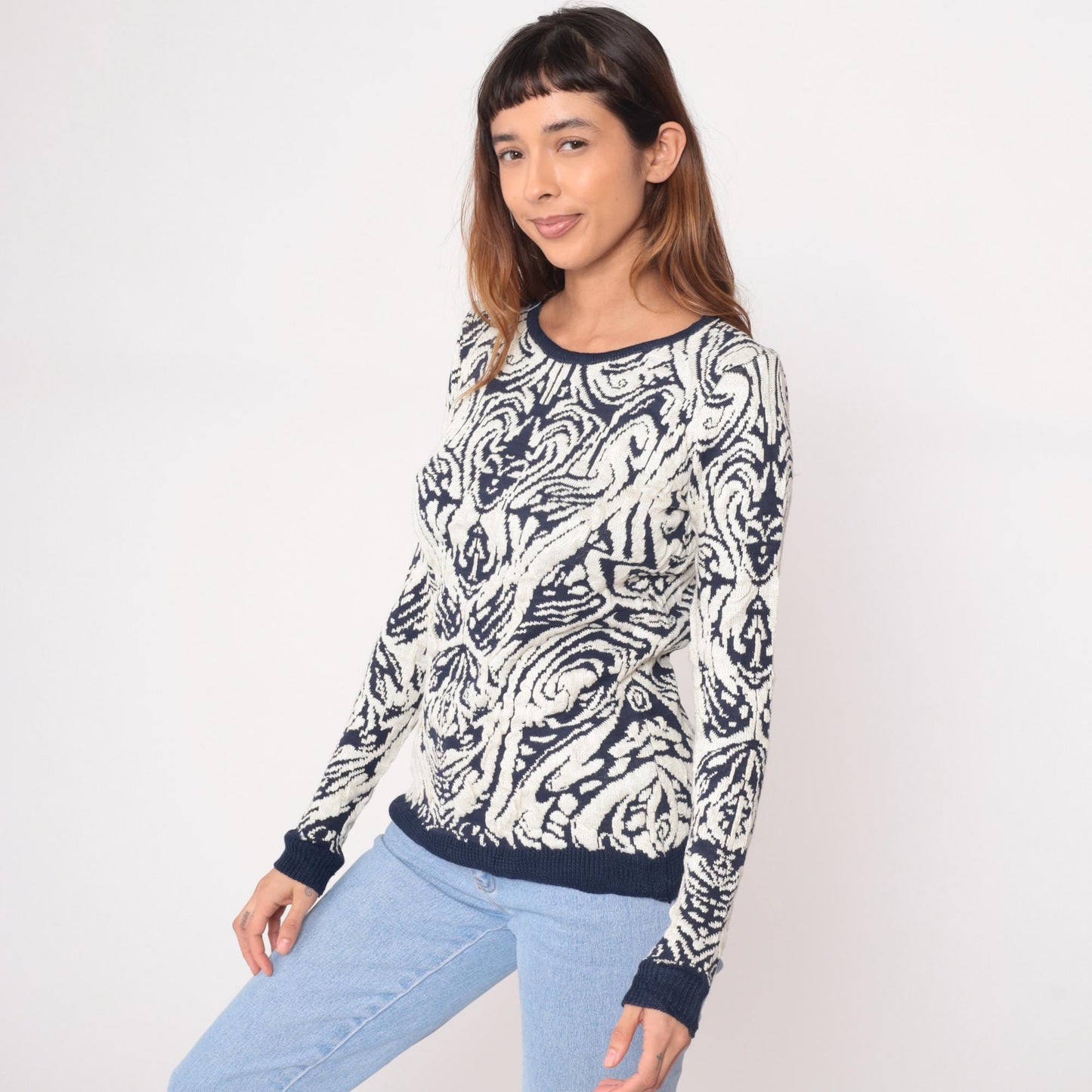 90s Navy Cream Damask Knit Sweater Crew Neck Pullover Medium