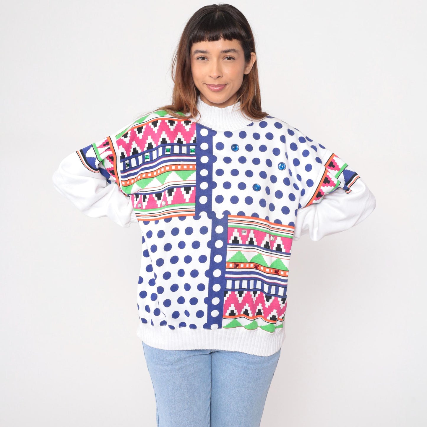 90s Architect Geometric Sweatshirt White Multicolor Tribal Print Medium M