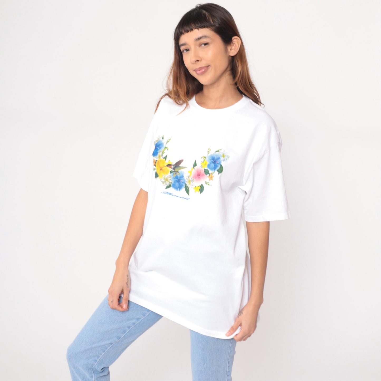 Y2K Wrangler Hawaiian Floral Graphic Tee White Cotton Hummingbird Large L