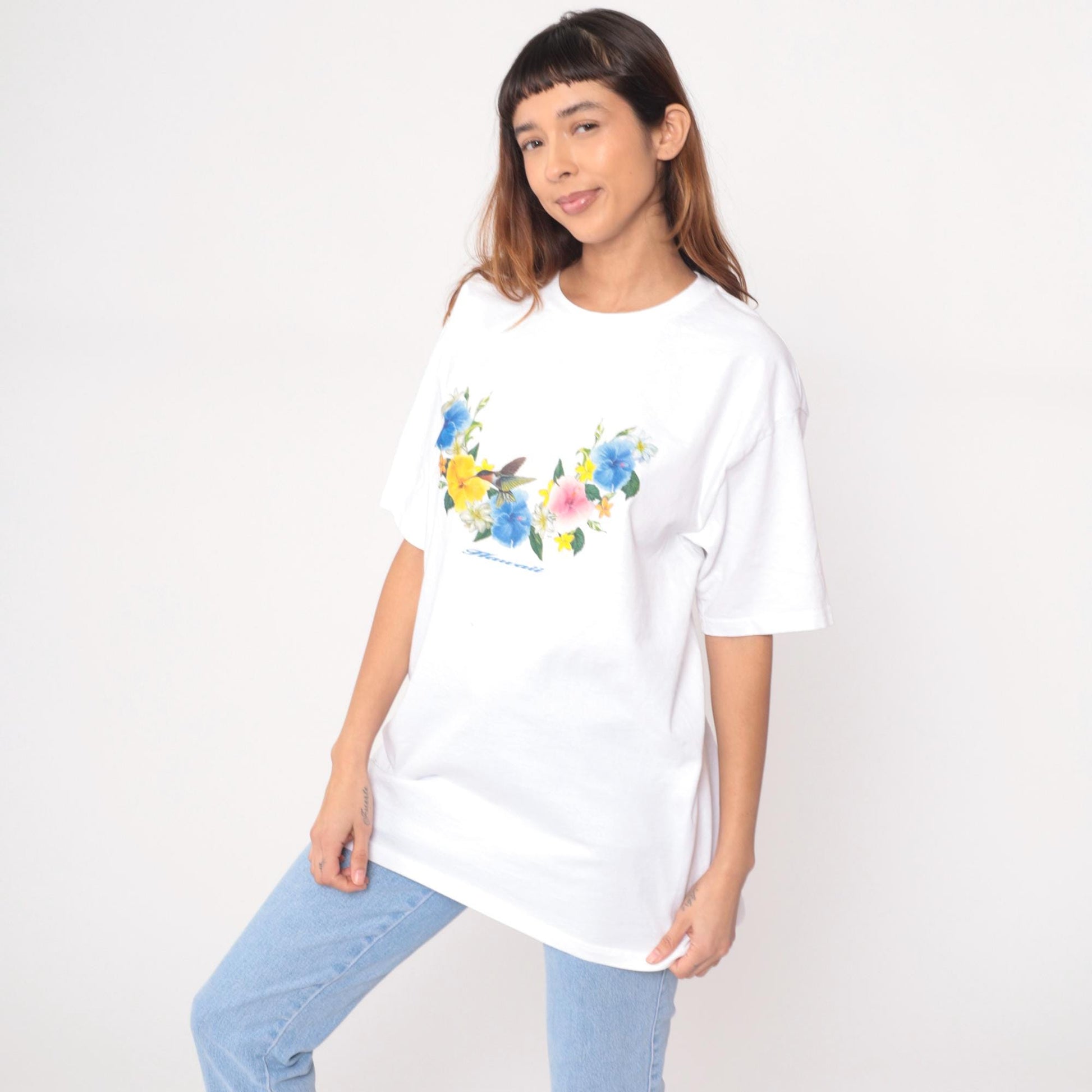 Y2K Wrangler Hawaiian Floral Graphic Tee White Cotton Hummingbird Large L