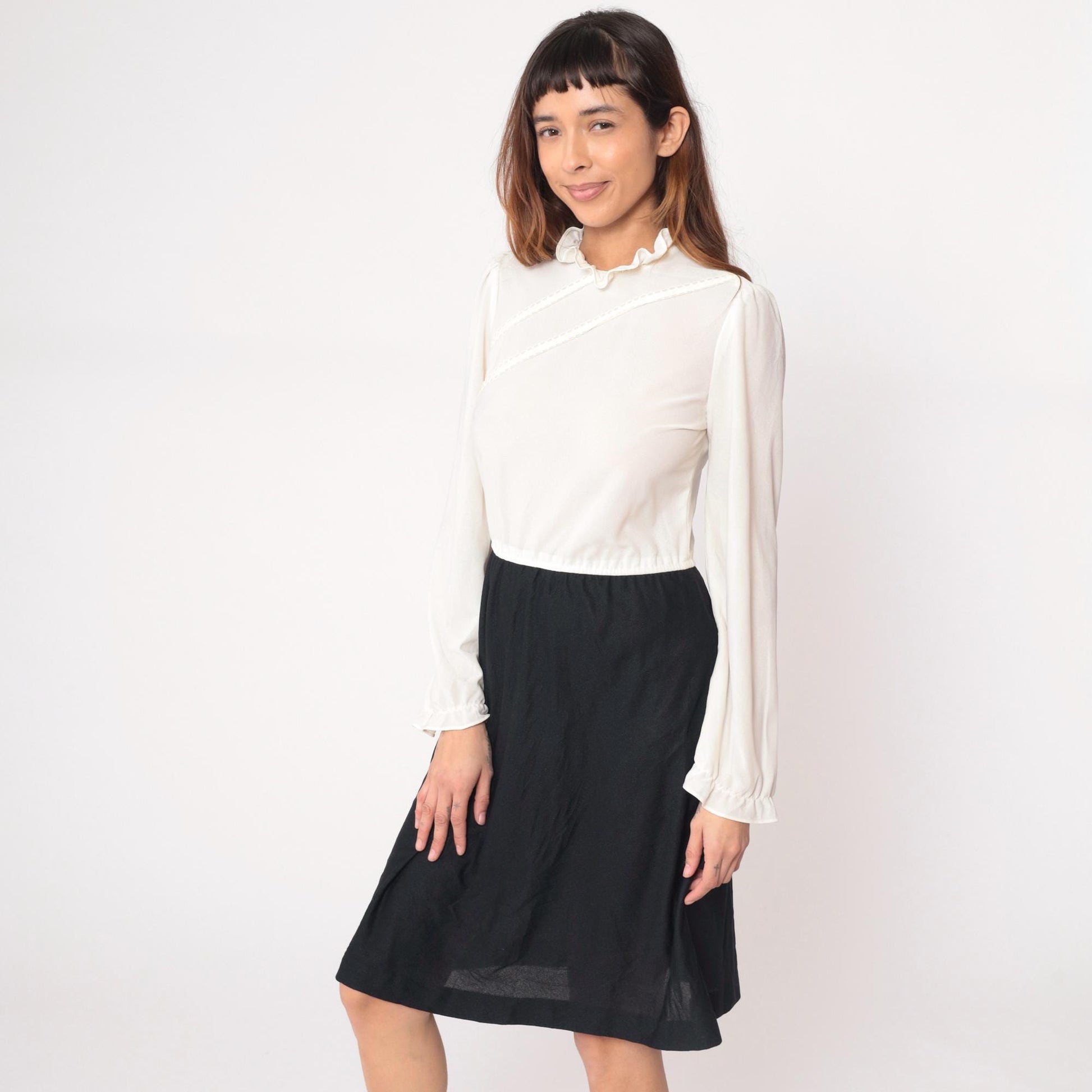 70s Jerell of Texas Black White Color-Block Dress Long Sleeve Ruffled Collar Large L