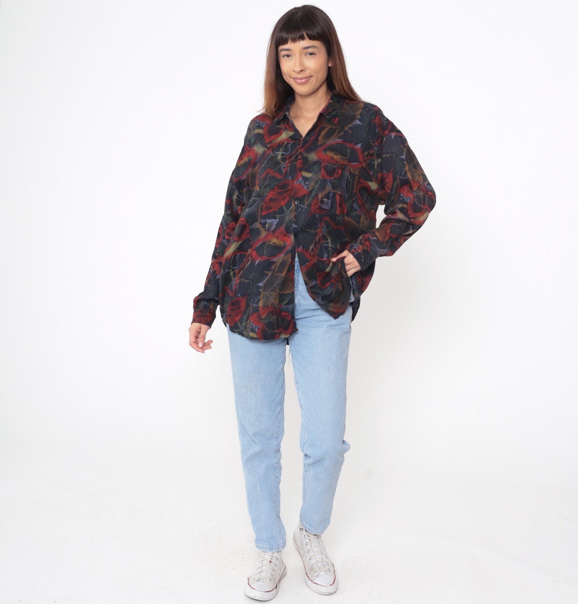 90s Jazzman Sportswear Leaf Print Button-Up Blouse Long Sleeve Multicolor Extra Large XXL