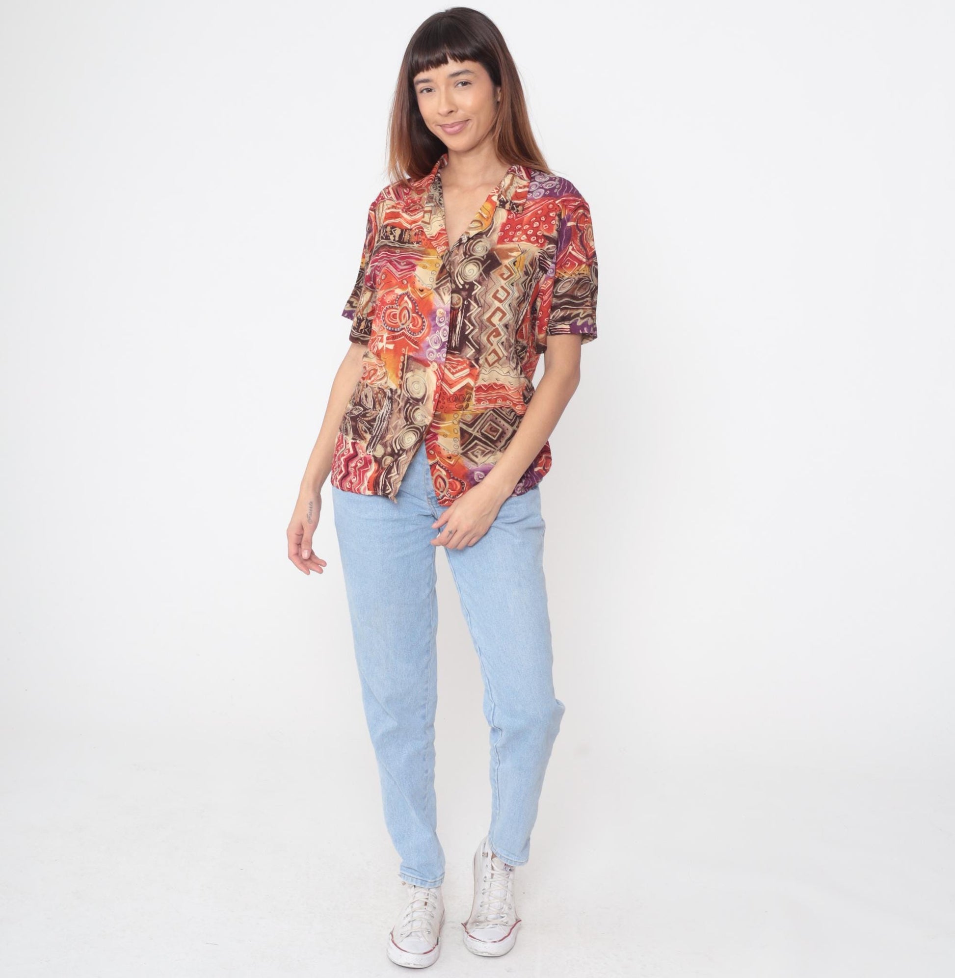 90s Sag Harbor Abstract Geometric Print Shirt Multicolor Collared Medium M