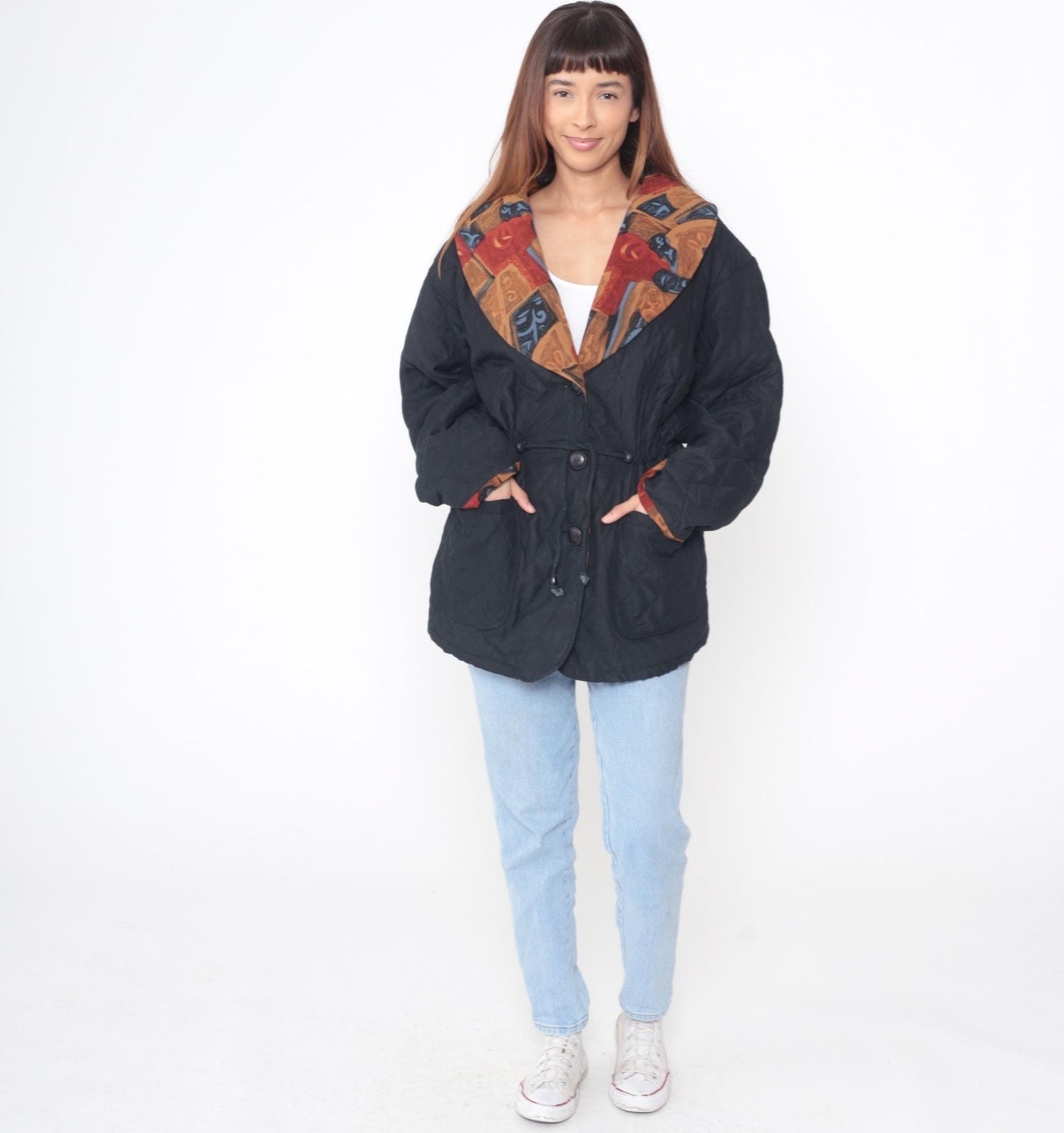 90s Quilted Jacket Black Button Front Geometric Print Collar Lining Large