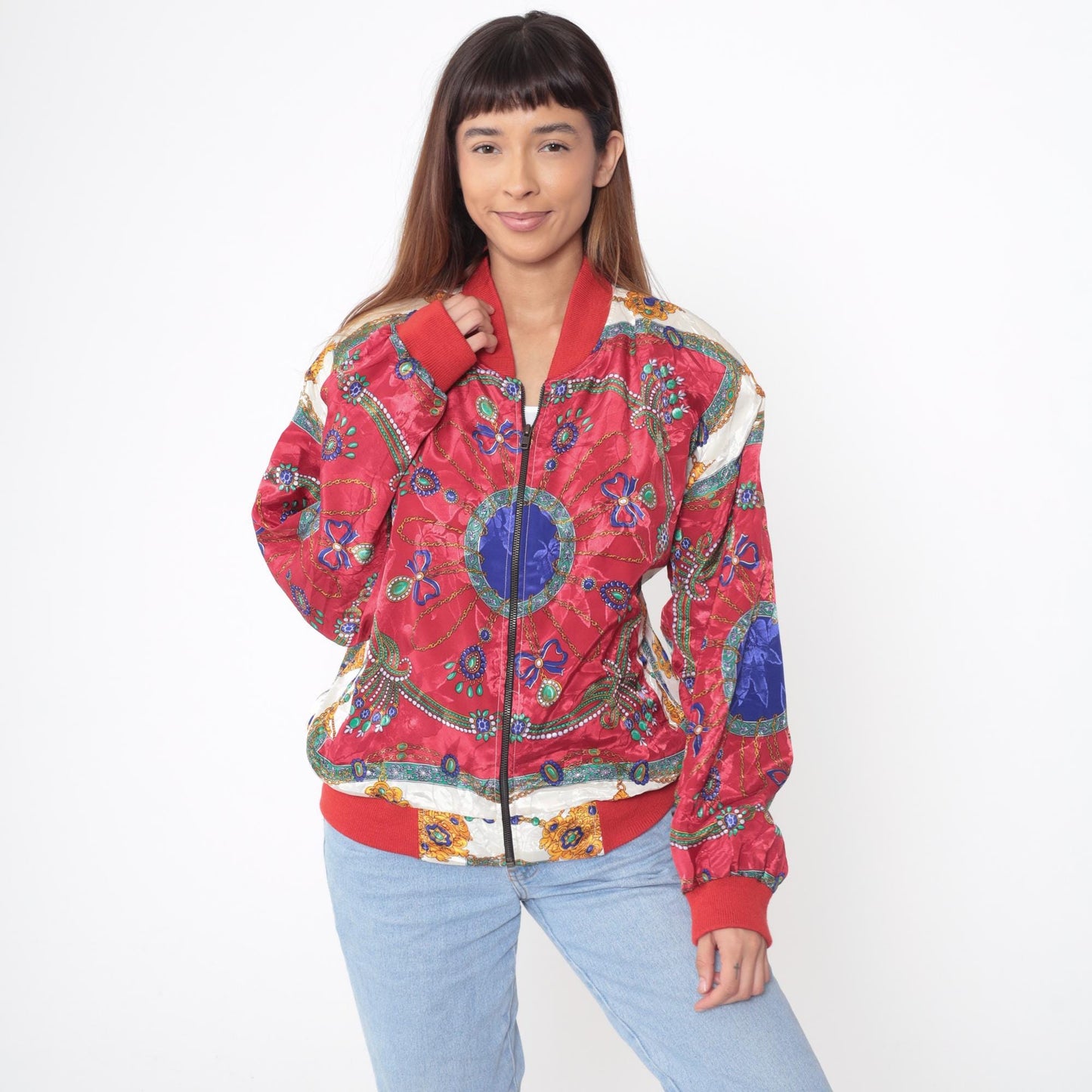 90s Red Bomber Jacket Medallion Paisley Print Windbreaker Large L