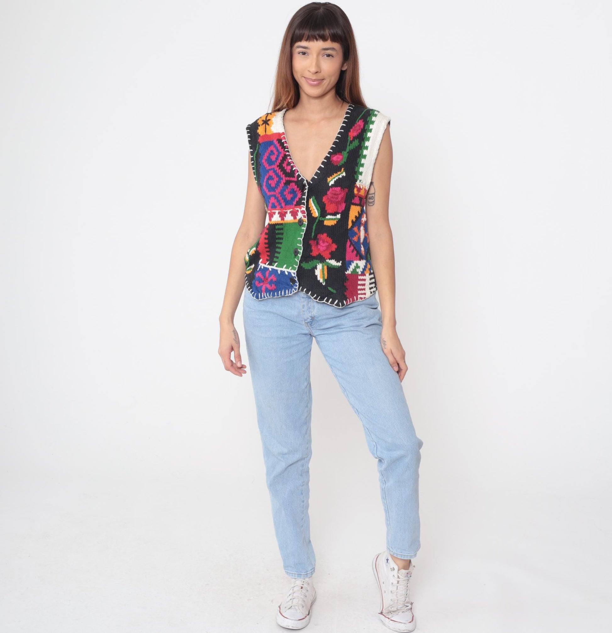 90s Pendleton Patchwork Vest Multicolor Geometric Floral Deep V-Neck Small