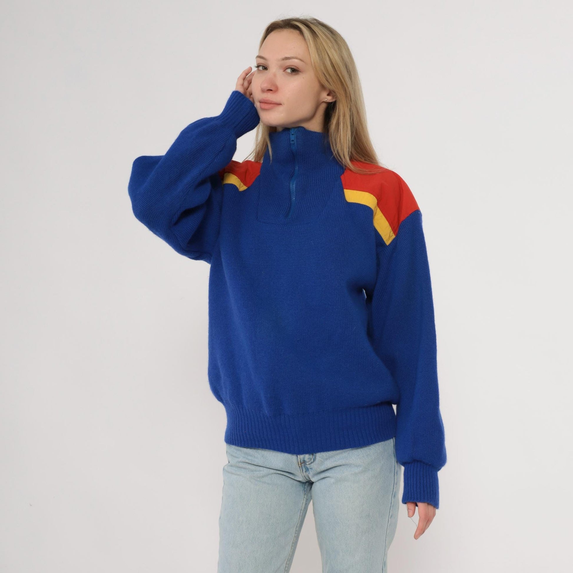 80s Slalom Colorblock Half Zip Wool Sweater Blue Red Yellow Men's Small