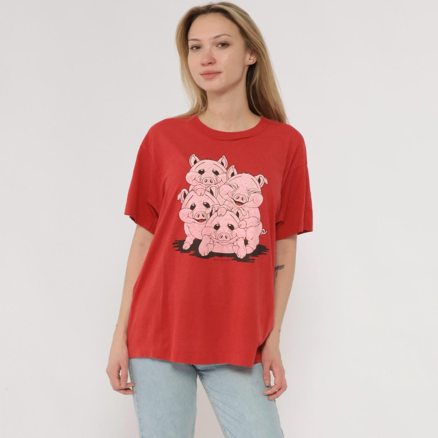 90s Screen Stars Piggies Graphic Tee Red Cartoon Pigs Cotton Large L