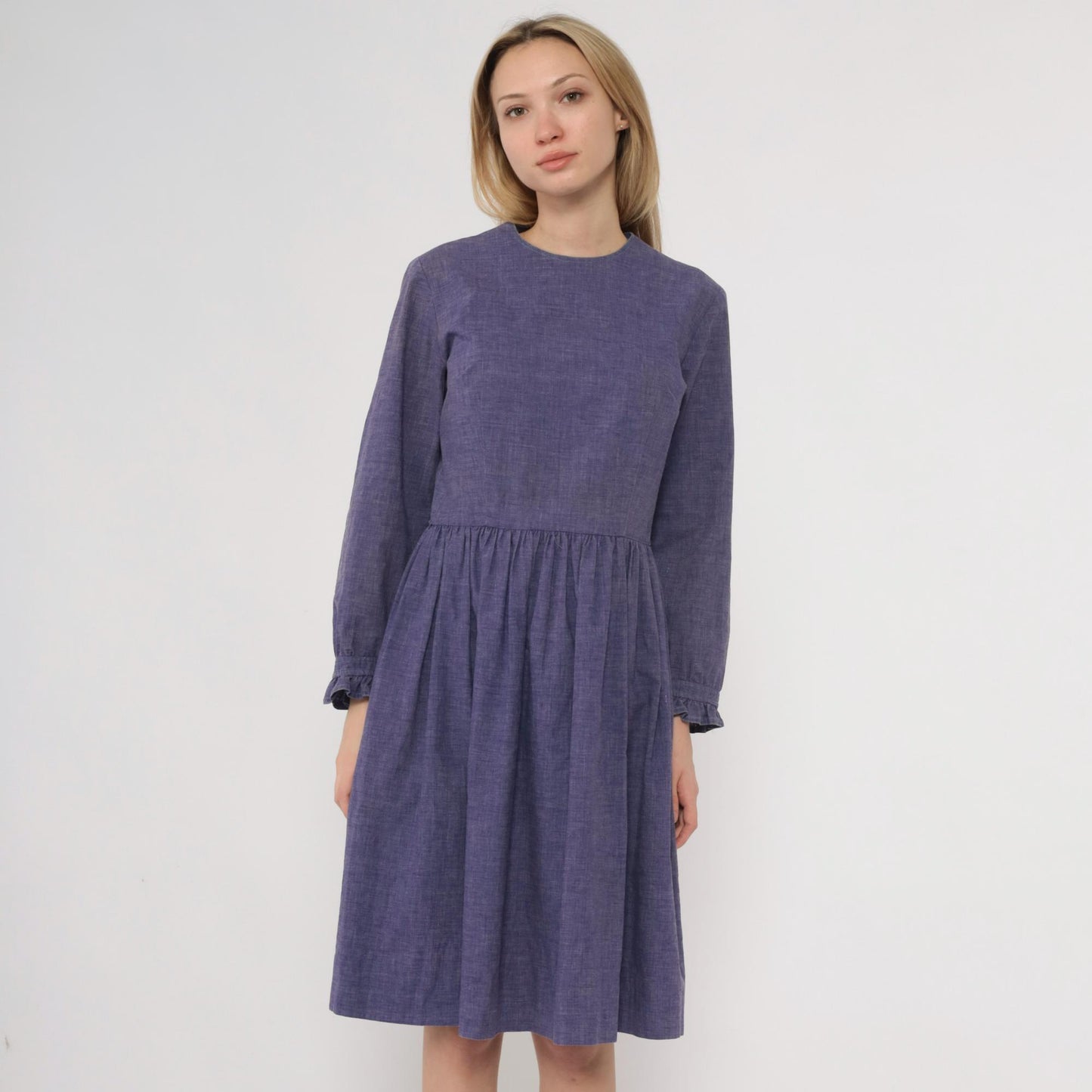 60s Purple Midi Dress Long Sleeve Gathered Waist A-Line Crew Neck Medium M