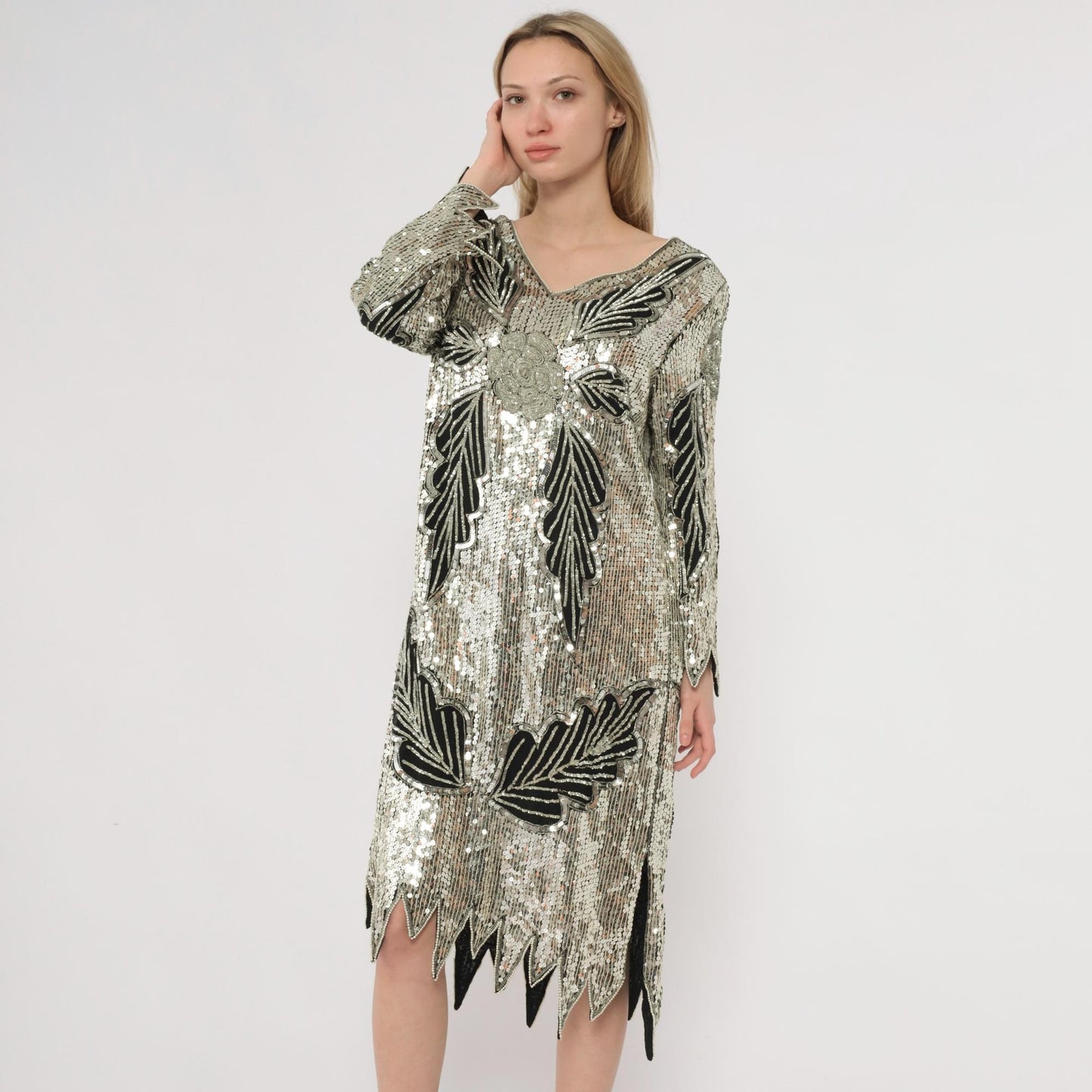 90s Silver Sequin Midi Dress Art Deco Leaf Pattern Silk V-Neck Long Sleeve Medium M