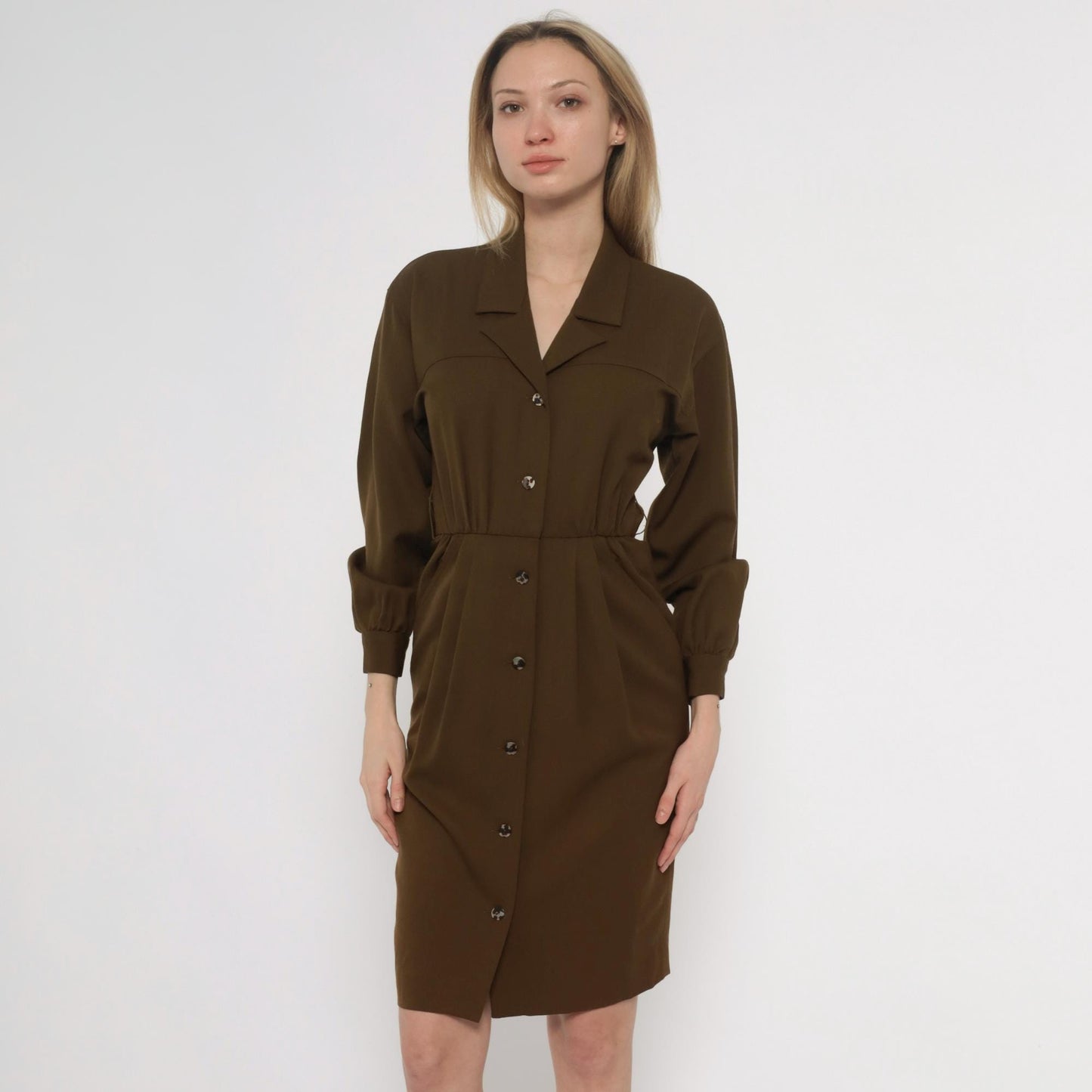 80s Bill Geoffreys Wool Shirt Dress Olive Brown Knee Length XS