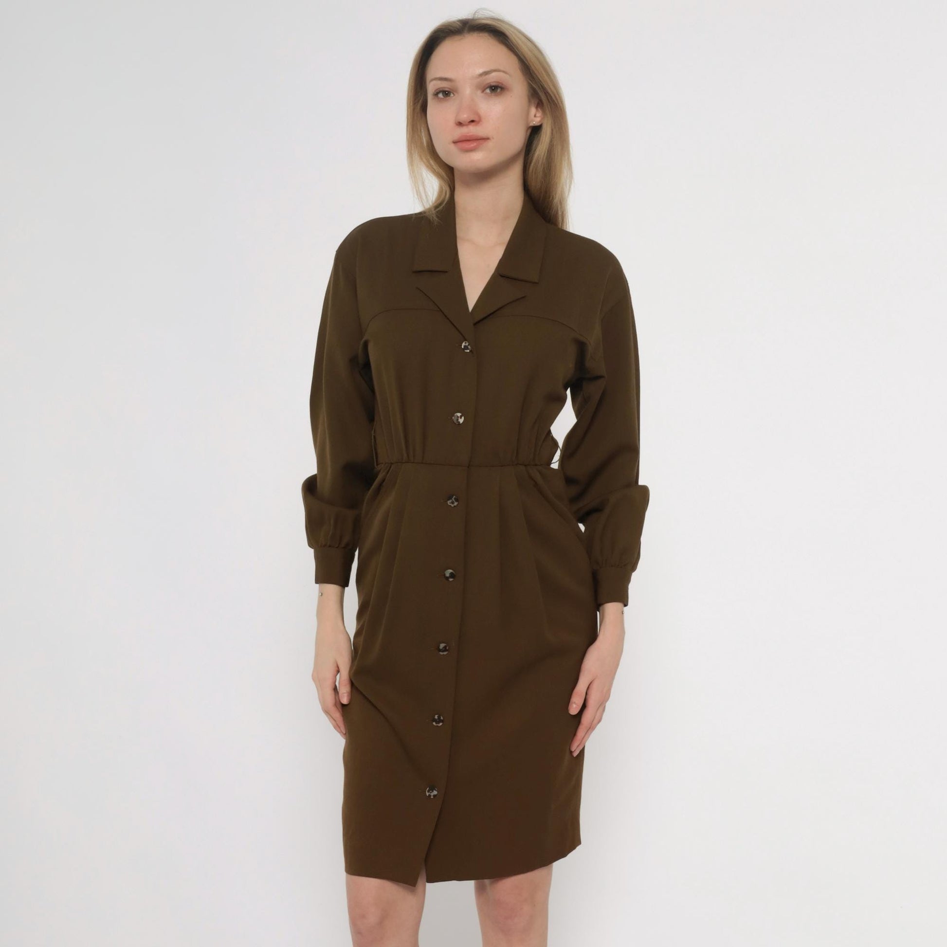 80s Bill Geoffreys Wool Shirt Dress Olive Brown Knee Length XS