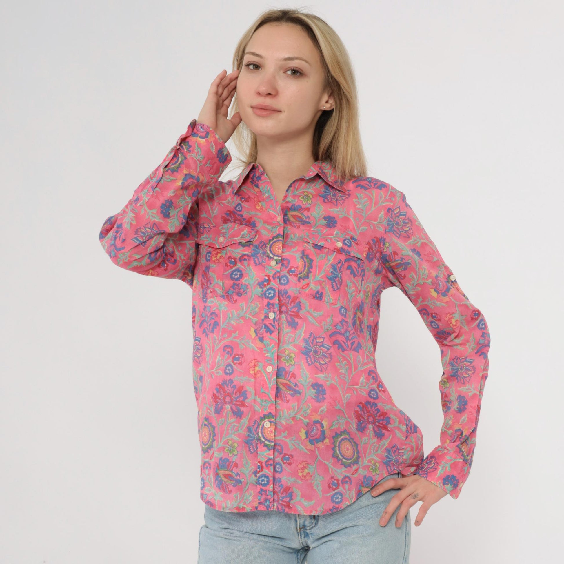 90s Ralph Lauren Floral Button-Up Shirt Pink Botanical Paisley Cotton Small S