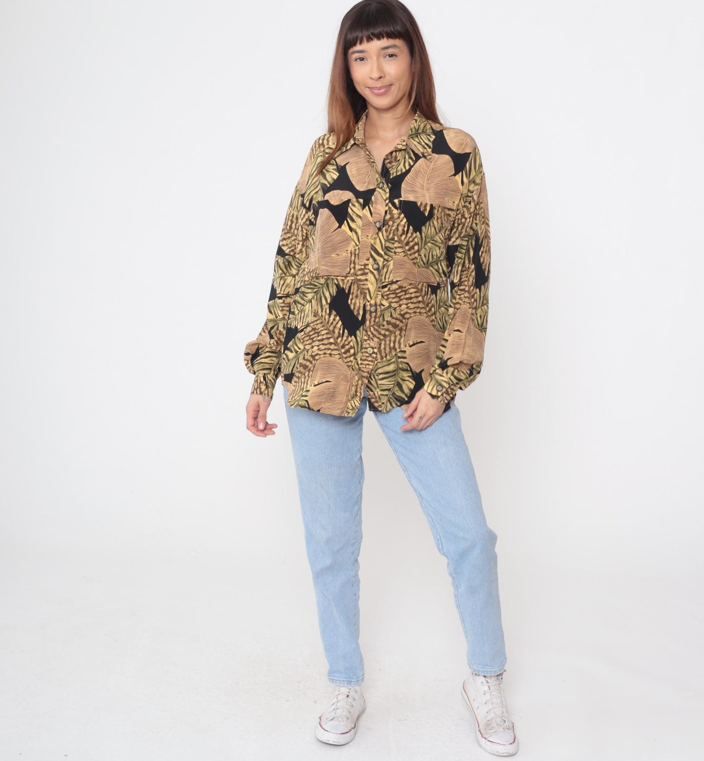 90s Liz Claiborne Silk Blouse Tropical Leaf Print Black Brown Gold Medium