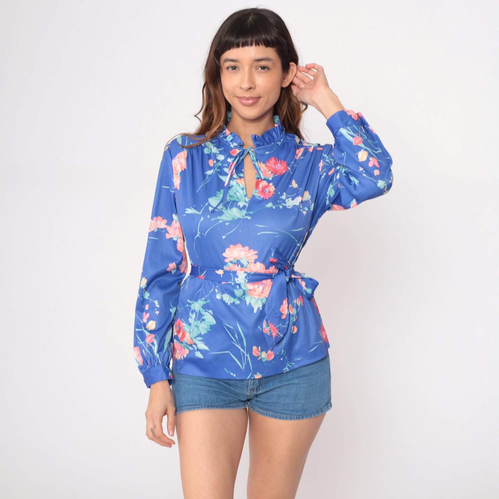 70s Blue Floral Blouse Ruffle Neck Tie Closure Long Sleeve Belted Medium