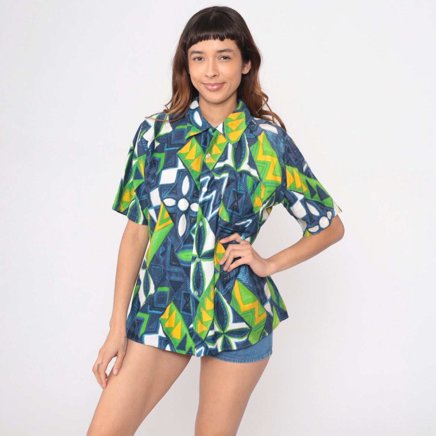 70s Hawaiian Shirt Geometric Abstract Print Button Front Cotton Blue Green Large