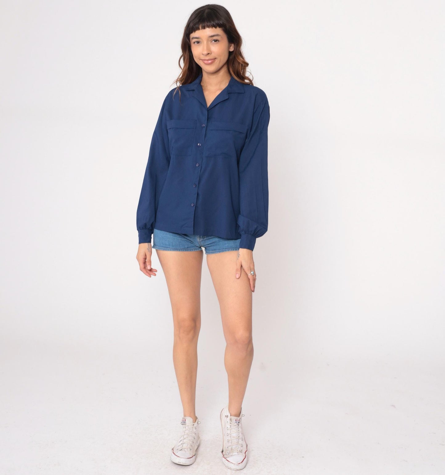 70s Judy Bond Navy Button-Up Shirt Notched Collar Long Sleeve Medium