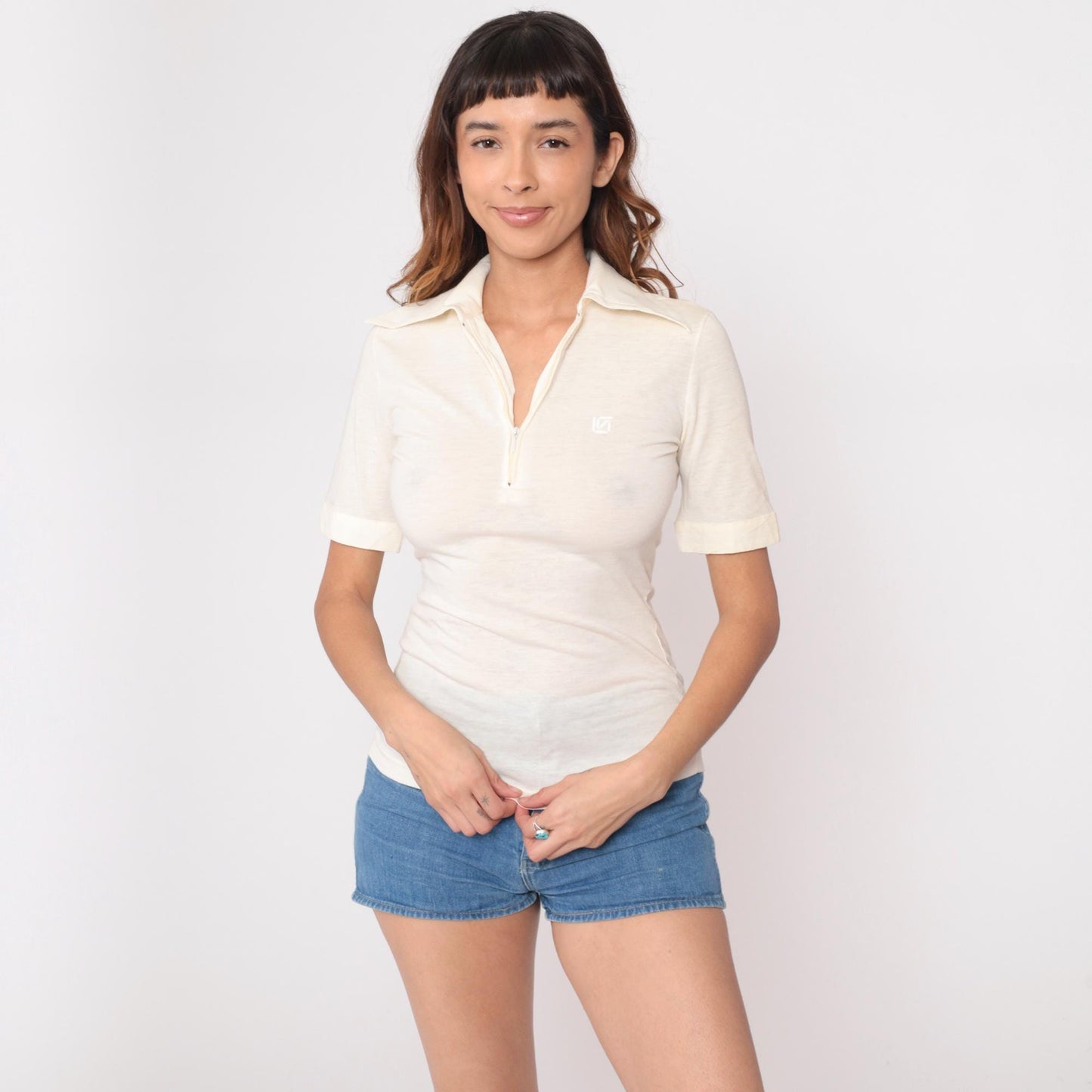 70s Cream Polo Shirt Half-Zip Pointed Collar Short Sleeve Small S