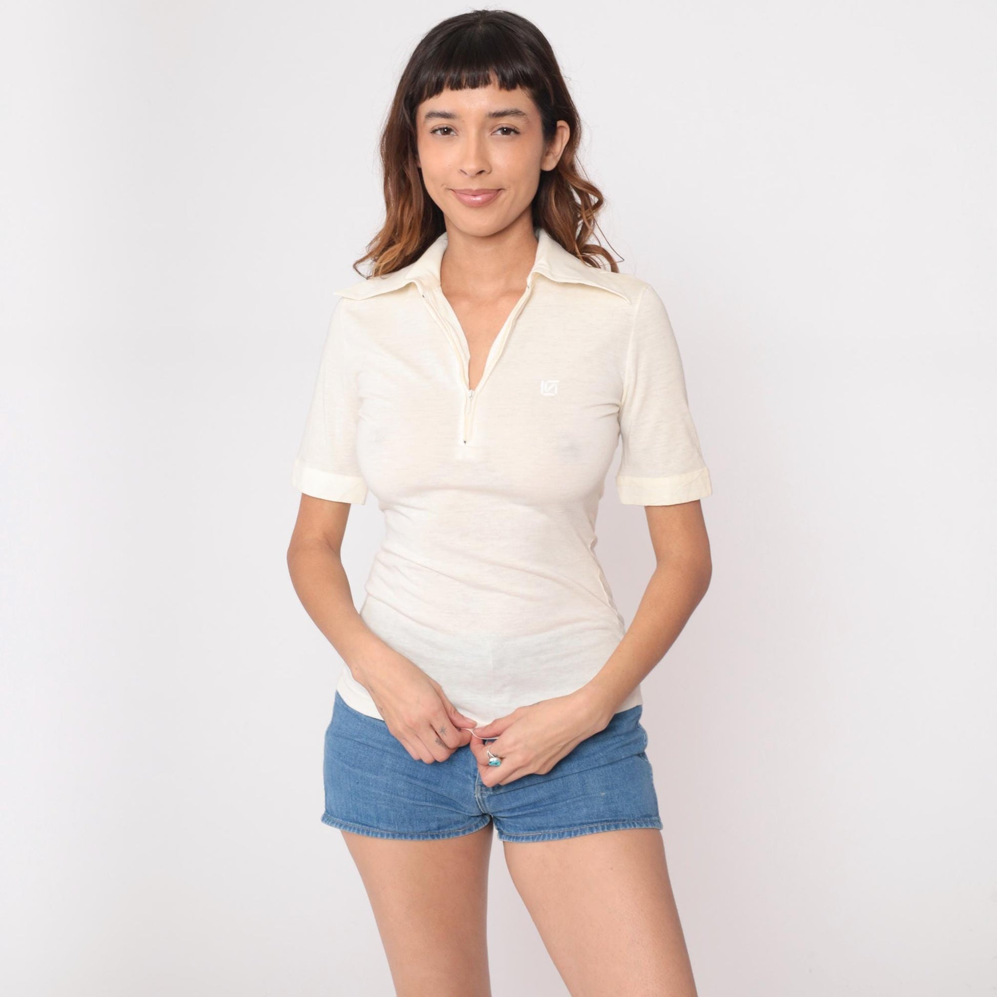 70s Cream Polo Shirt Half-Zip Pointed Collar Short Sleeve Small S