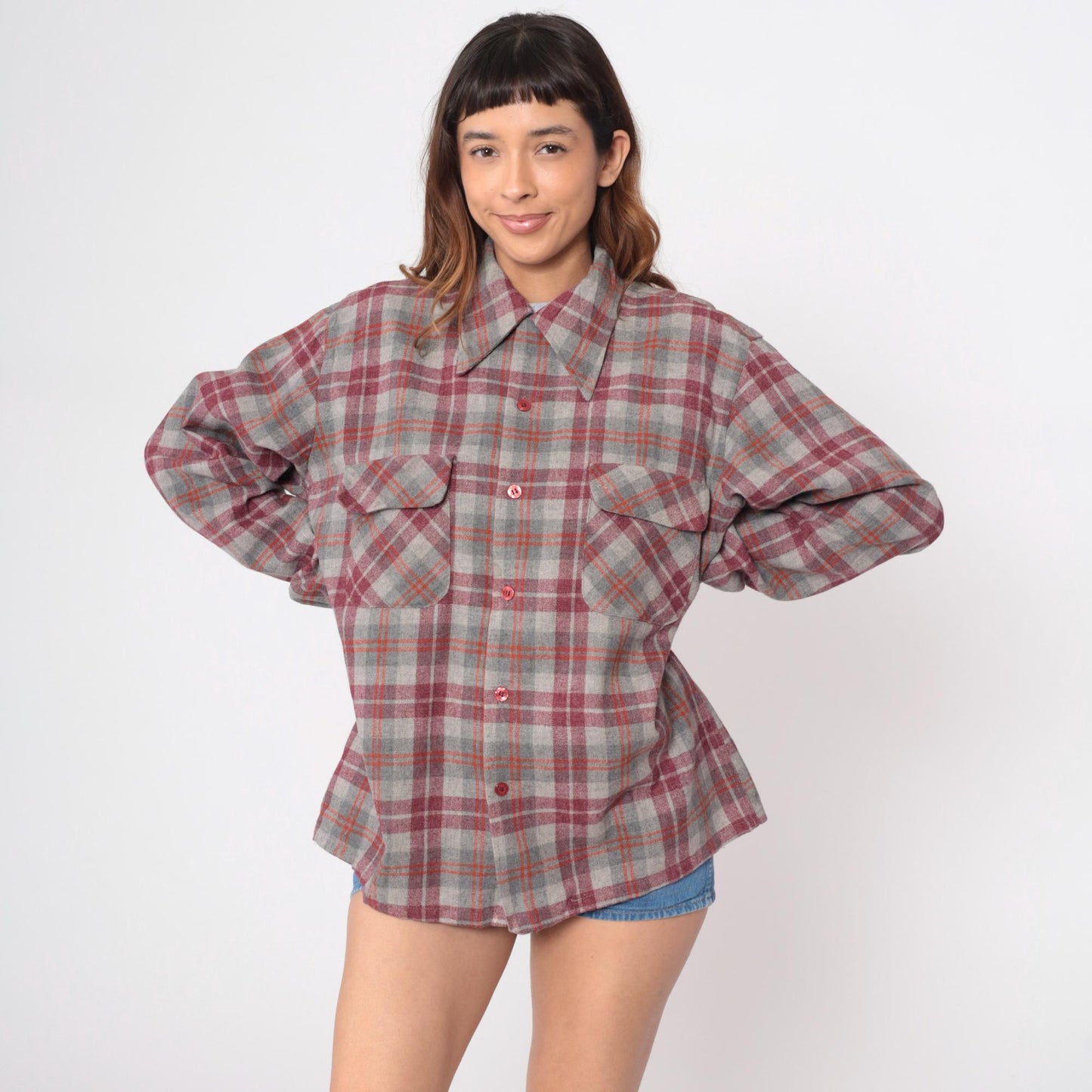 70s Royal Knight Wool Plaid Flannel Shirt Burgundy Grey Chest Pockets Extra Large
