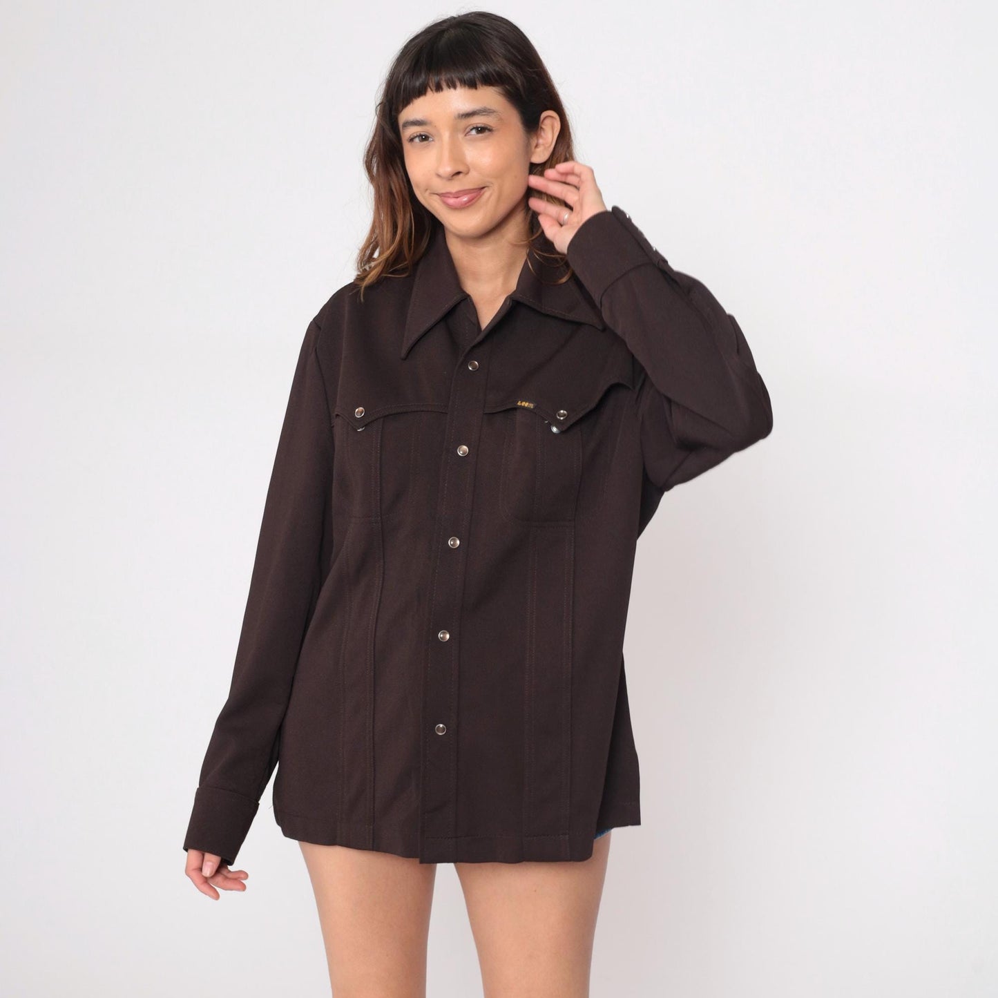 70s Lee Western Shirt Snap Button Black Pointed Collar Unisex Medium