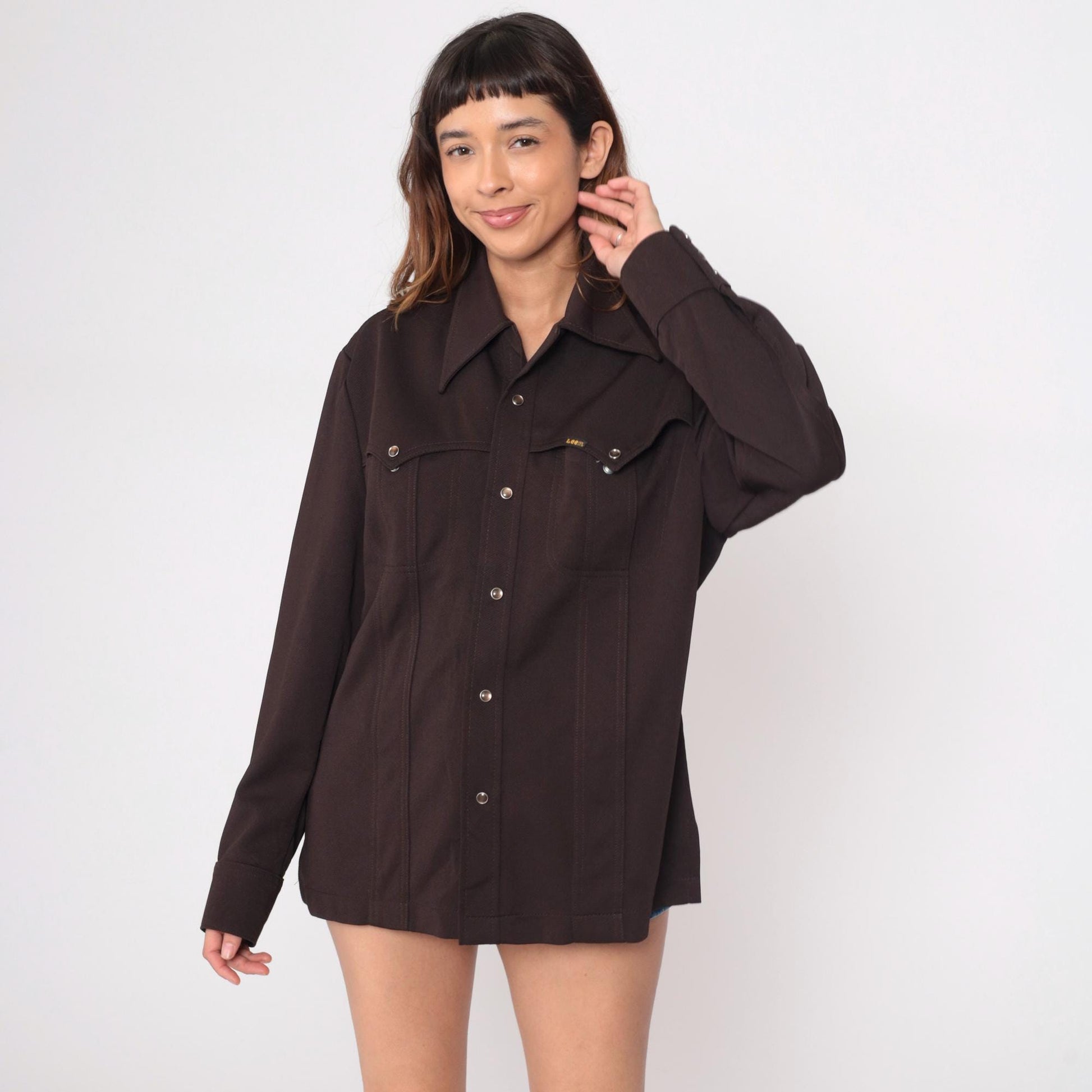 70s Lee Western Shirt Snap Button Black Pointed Collar Unisex Medium