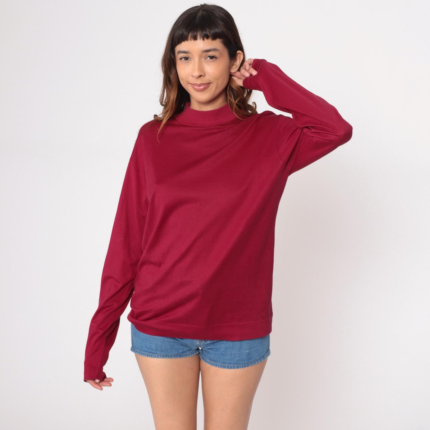 70s Burgundy Mock Neck Pullover Long Sleeve Knit Top Large L