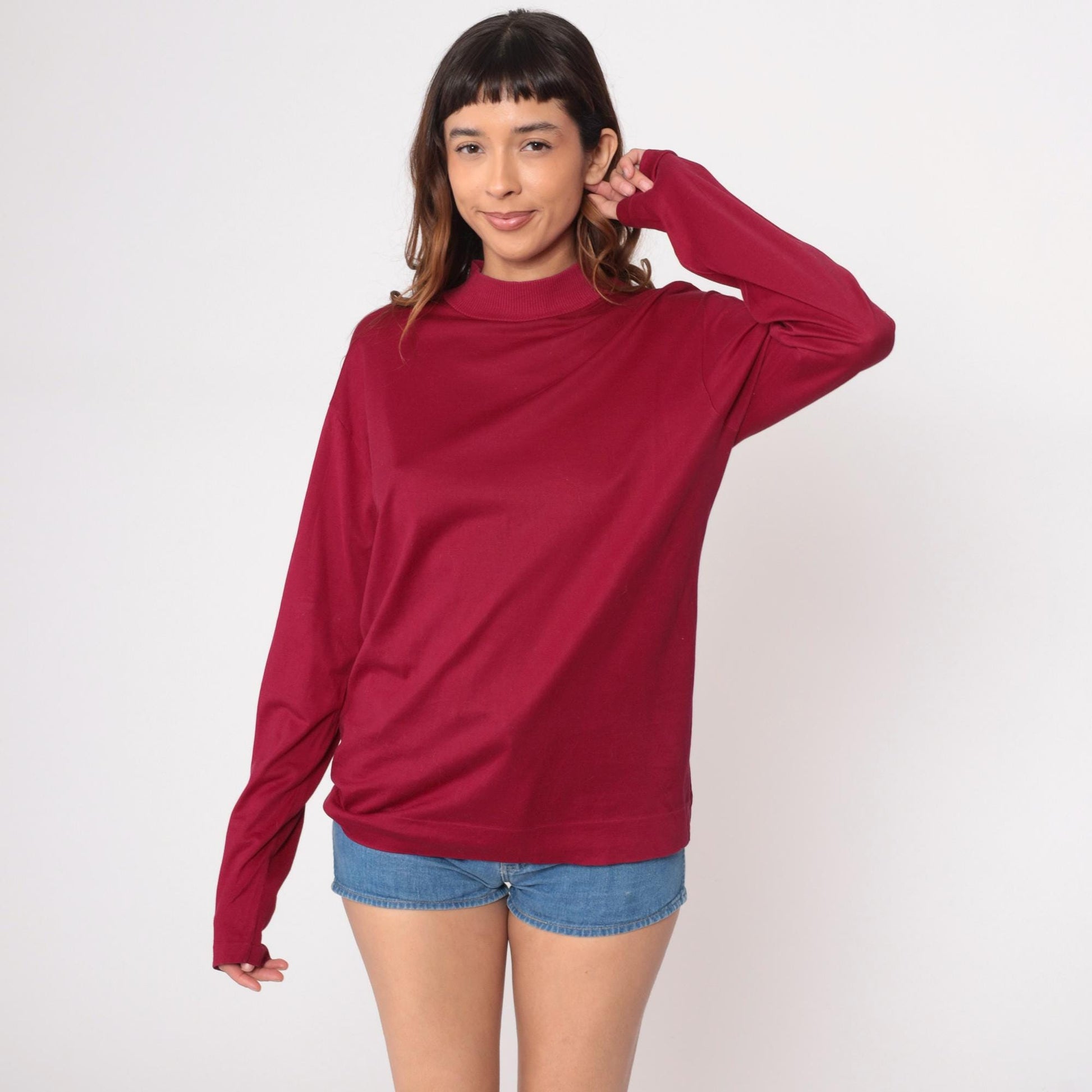 70s Burgundy Mock Neck Pullover Long Sleeve Knit Top Large L