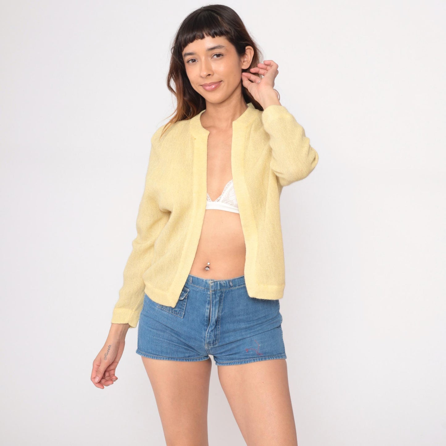 70s Wool Cardigan Pale Yellow Ribbed Knit Open Front Small S