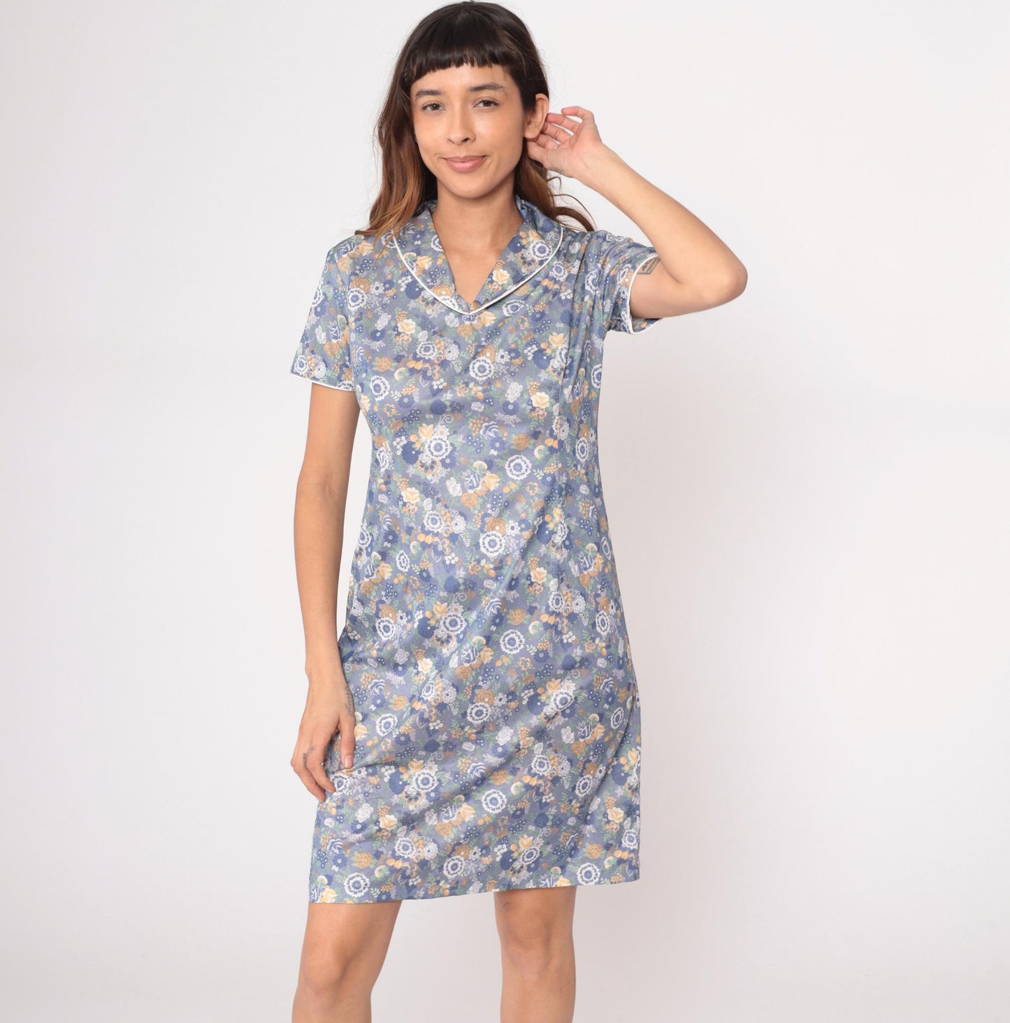 70s Floral Day Dress Blue Knee-Length Button Front Collared Botanical Print Medium