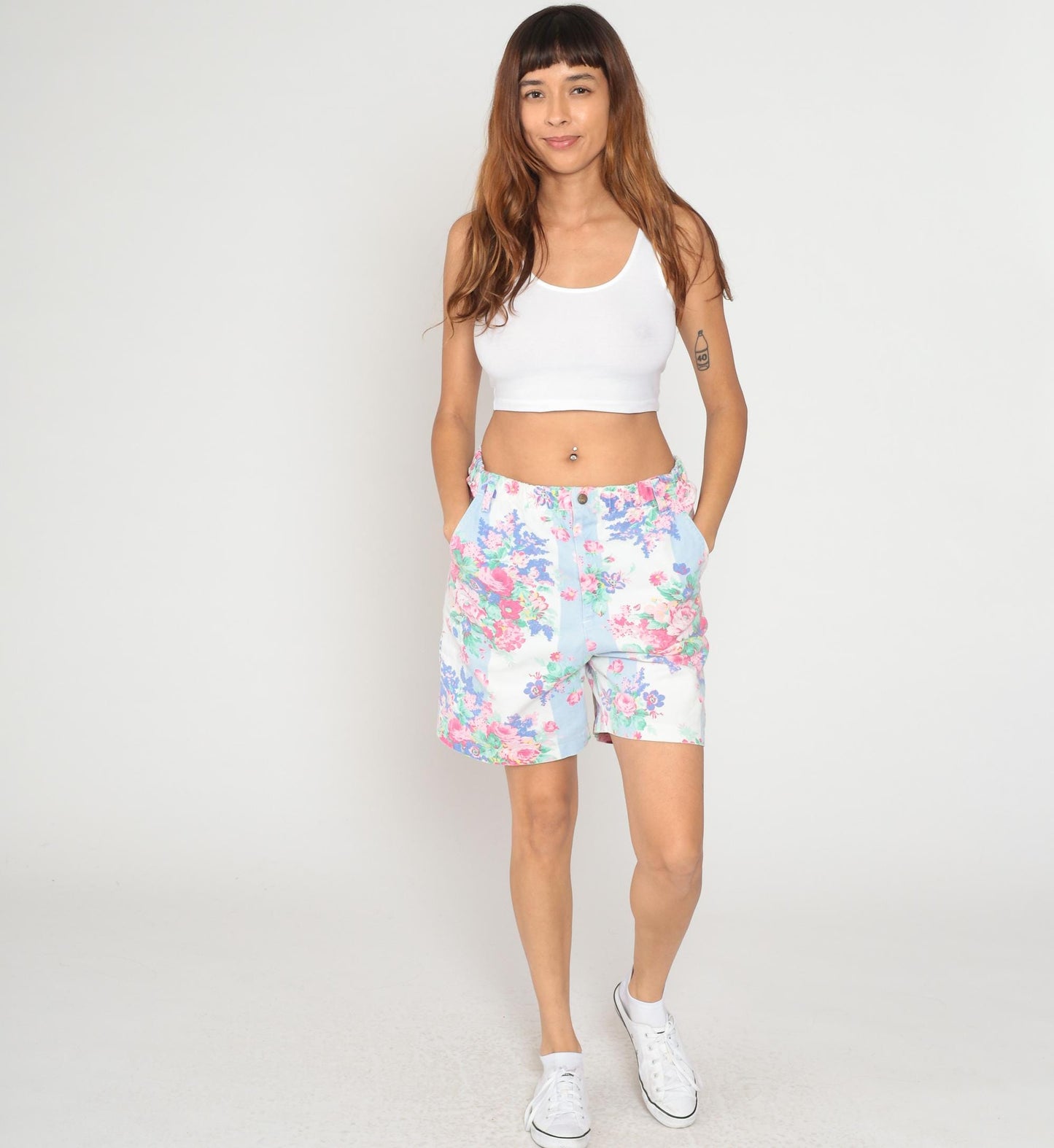 90s Vivaldi Floral Shorts High Waisted Pink Blue Cotton Pockets Medium