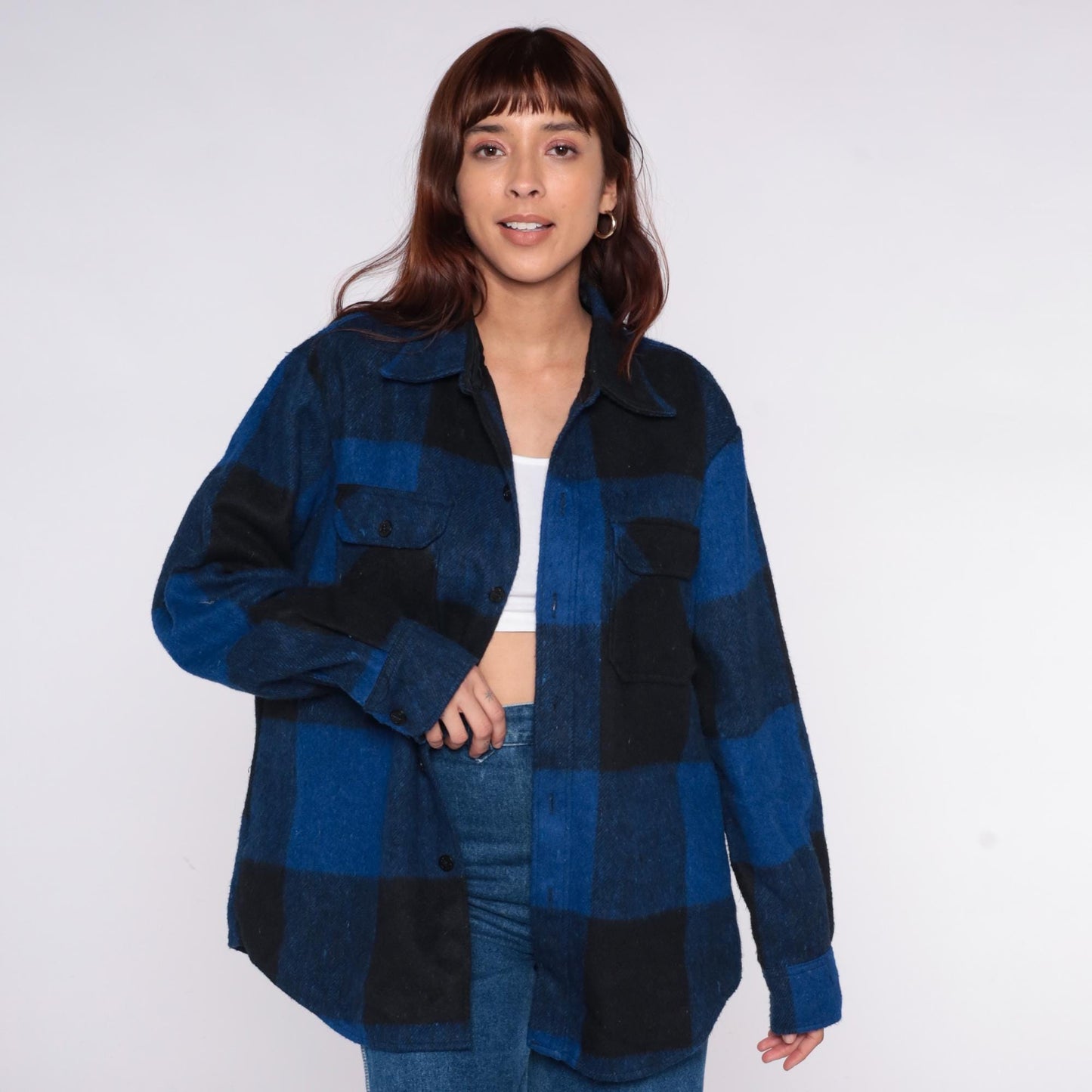 70s Bronzini Buffalo Plaid Flannel Shirt Wool Blend Blue Black Large