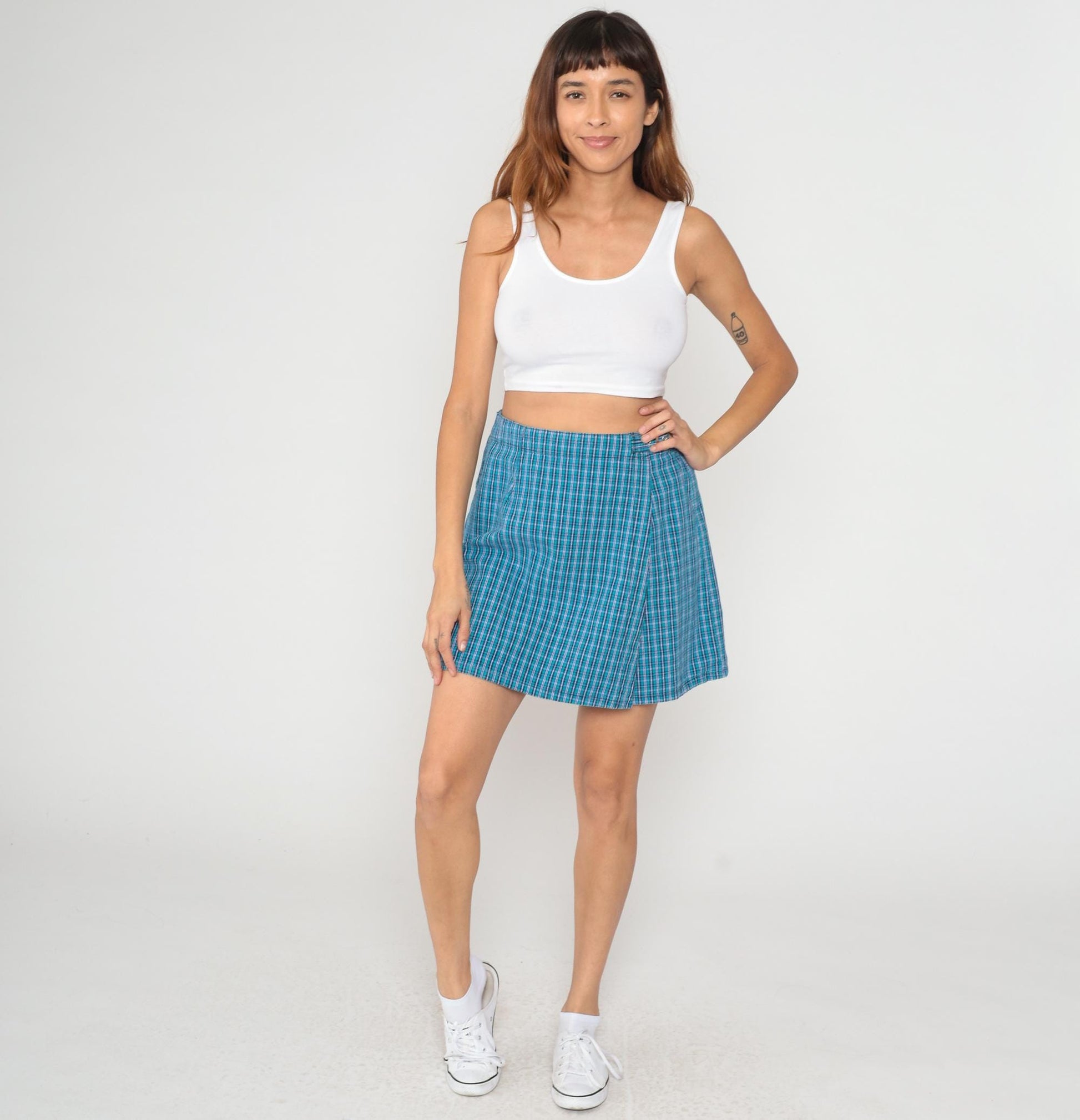 Y2K White Stag Blue Plaid Skort High Waisted Cotton Mini Medium