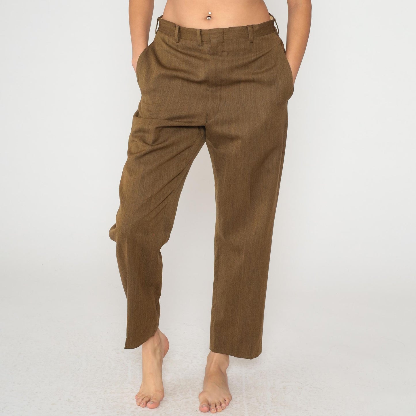 60s Brown High-Waist Straight-Leg Trousers Flat Front Tailored Medium