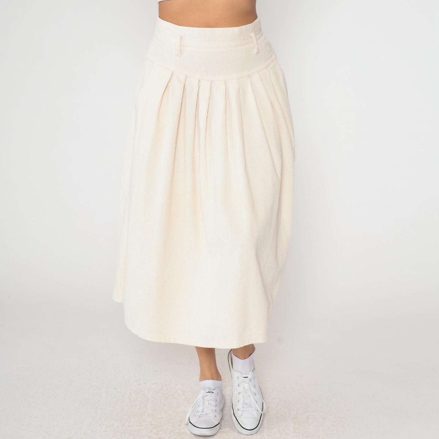 90s Boundary Waters Cream Corduroy Pleated Skirt High Waist Knee Length Large