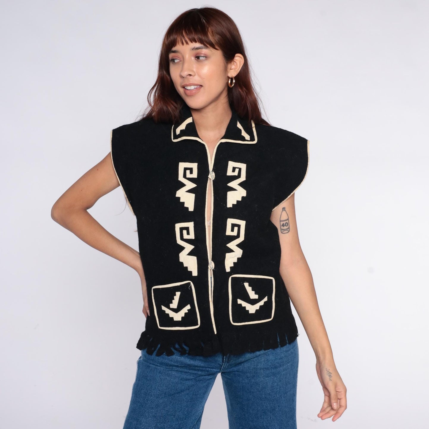 90s Black Southwestern Geometric Vest Collared Zip Front Medium M