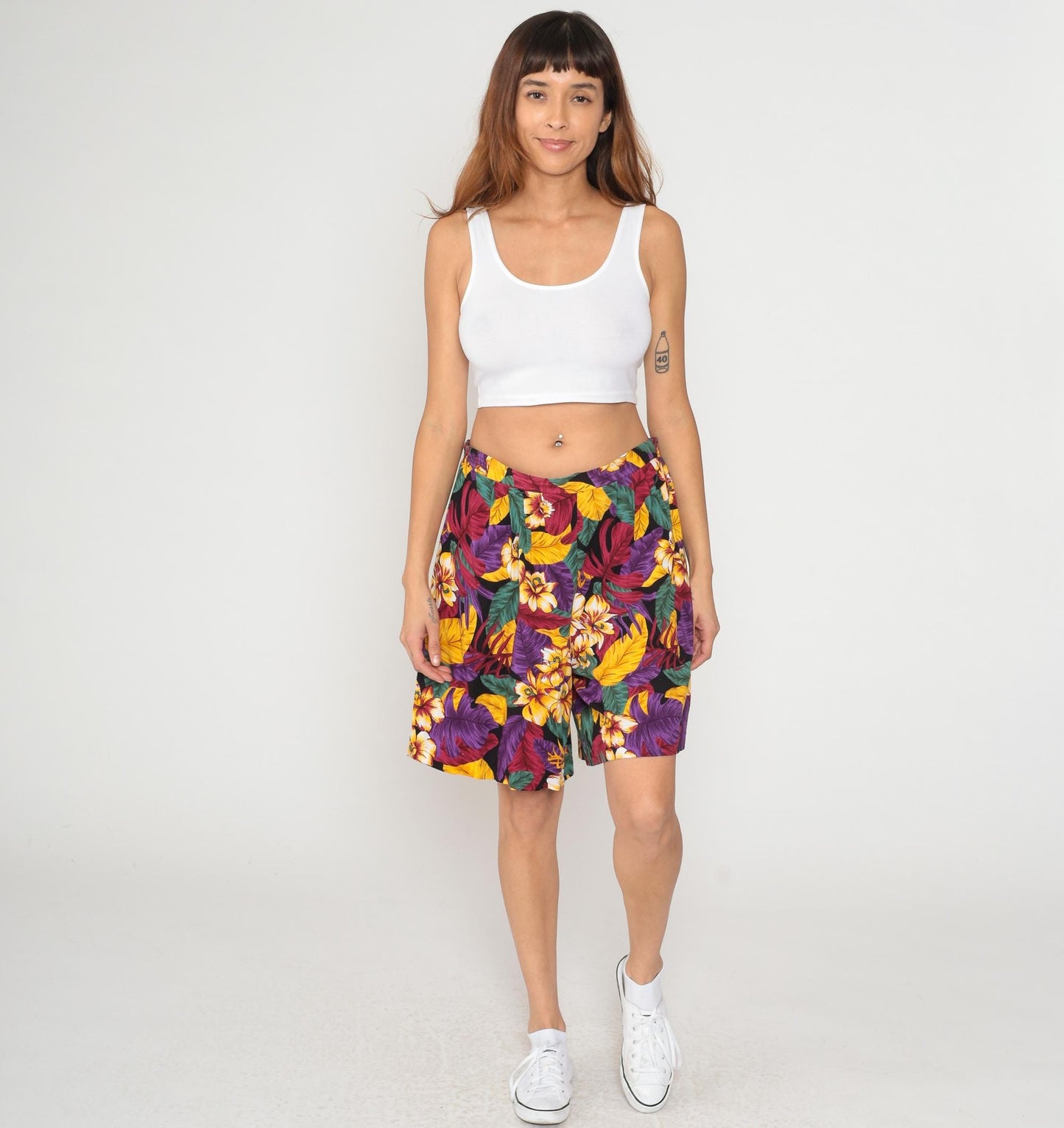 90s Sag Harbor Tropical Hibiscus Shorts High Waisted Wide Leg Purple Yellow Large