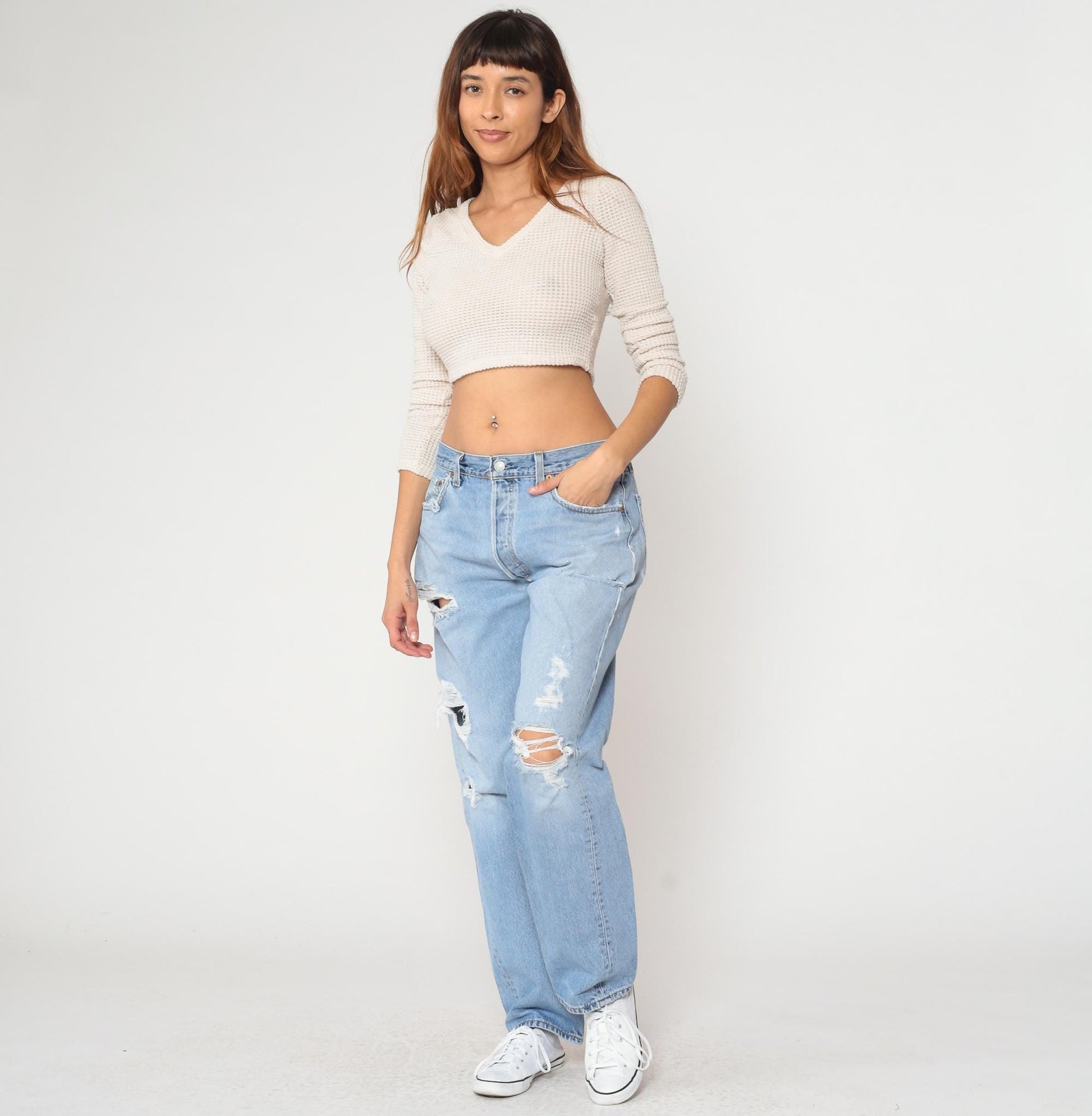 90s Levi's 501 Light Blue Distressed Denim Jeans Straight Leg 34